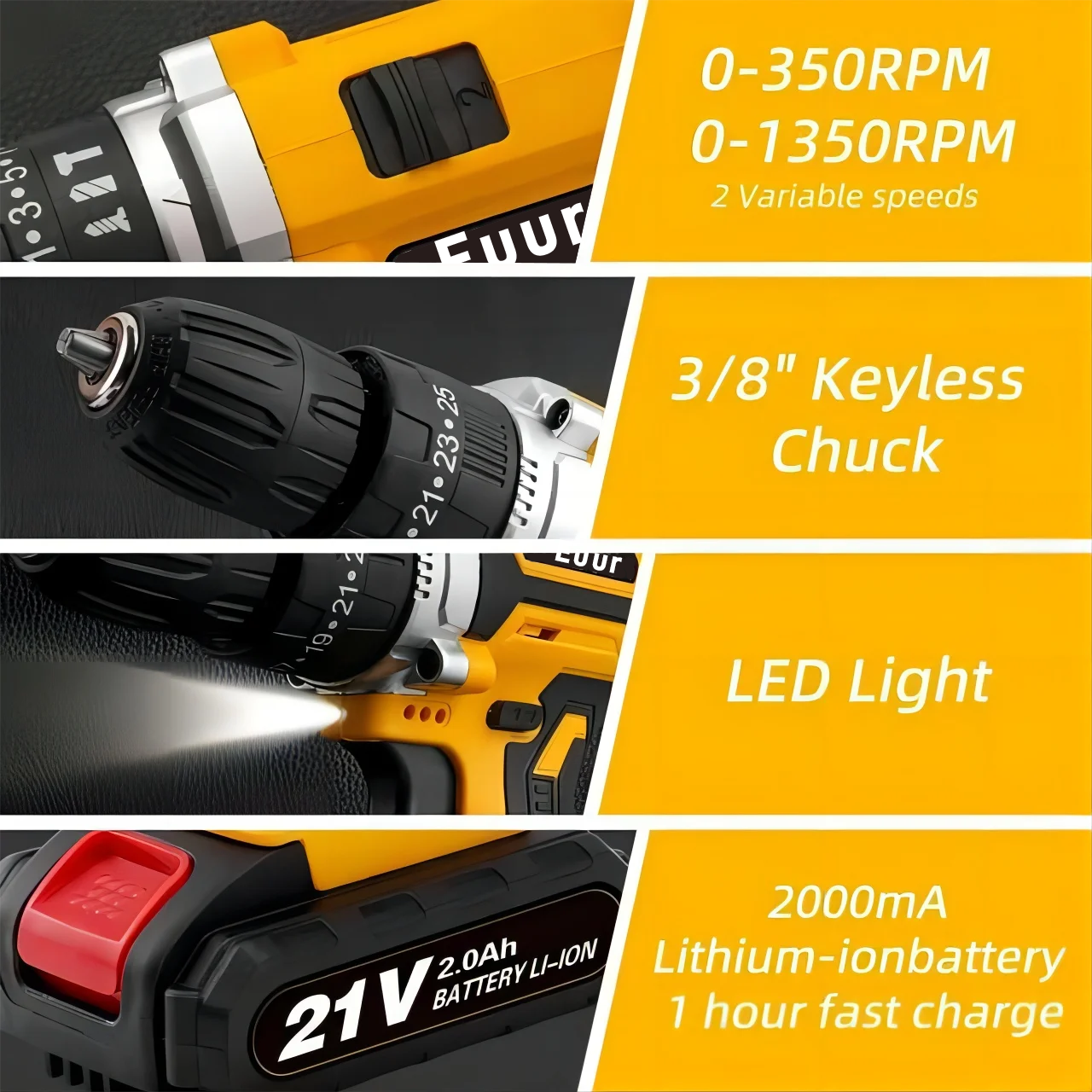 Cordless Drill, 21V Power Drill Set with 2Ah Battery, 3/8"Keyless Chuck, 25+1 Position Electric Drill, 2-Speed Transmission For Screwdriving And Drilling, Yellow