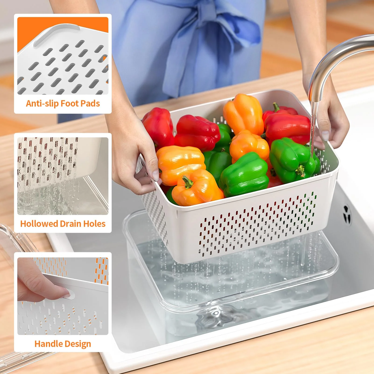 AMAZTEK Large Fruit Containers for Fridge, 5 PCS Leakproof Food Storage Containers with Removable Colander, Airtight Storage Container to Keep Berry Fruit Fresh, Dishwasher & microwave safe