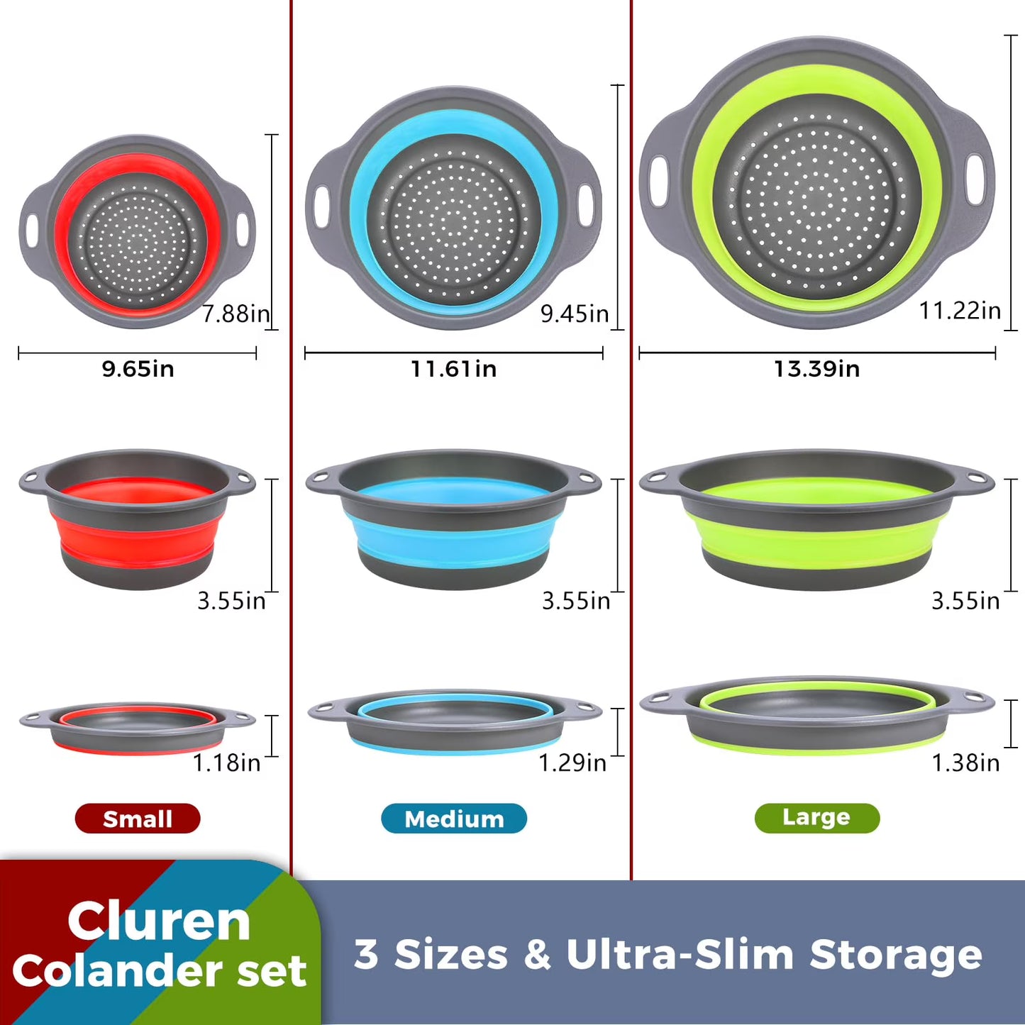 Collapsible Colanders (4 Pack Set) Food Strainers with Over-Sink Water Draining Base for Pasta Fruits and Vegetables (Patent Pending) Mixed colors (3 Sizes, 3QT, 4QT and 5 Quart)