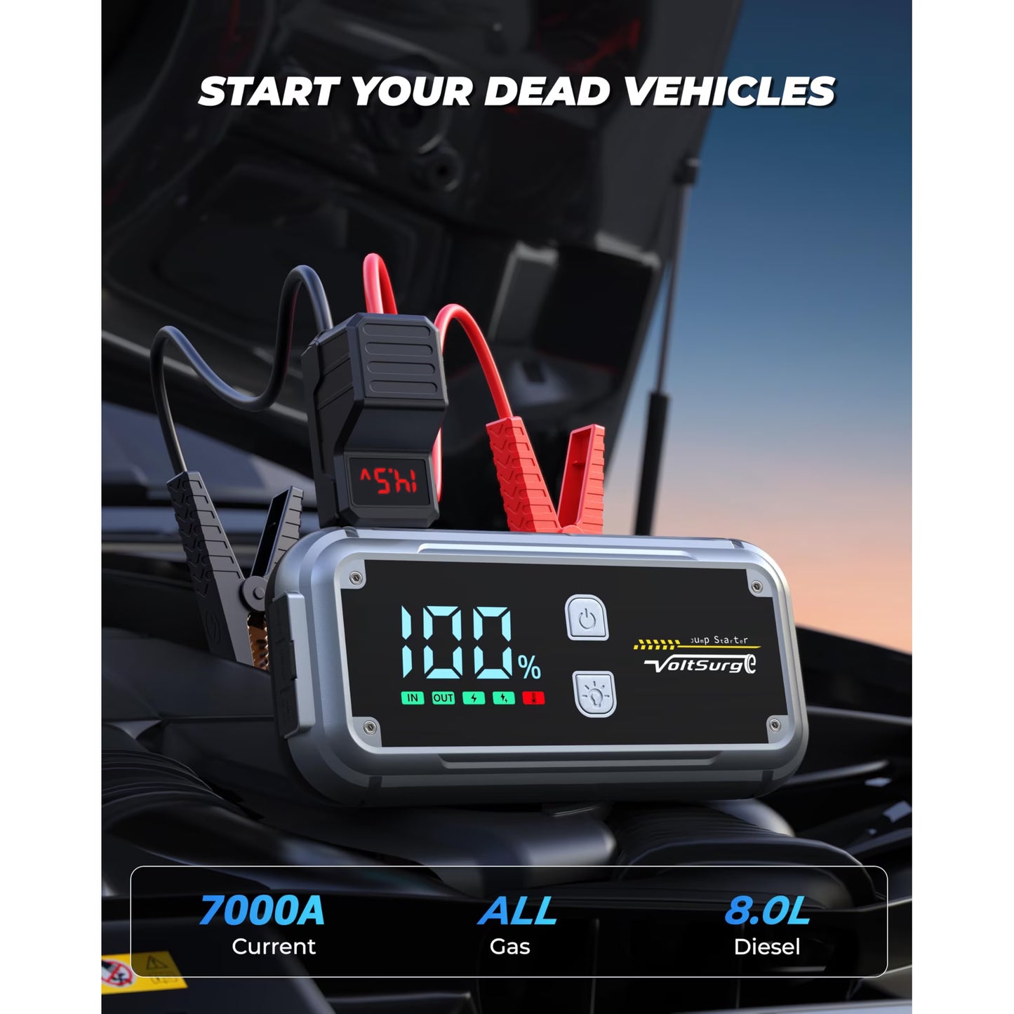 7000A Jump Starter Pack for Car, 12V Portable Jumper Starter (up to All Gas 8.0L Diesel Engine) with LCD Display, Jump Box Charger with Lithium Battery, QC3.0 & 4 LED Light Modes