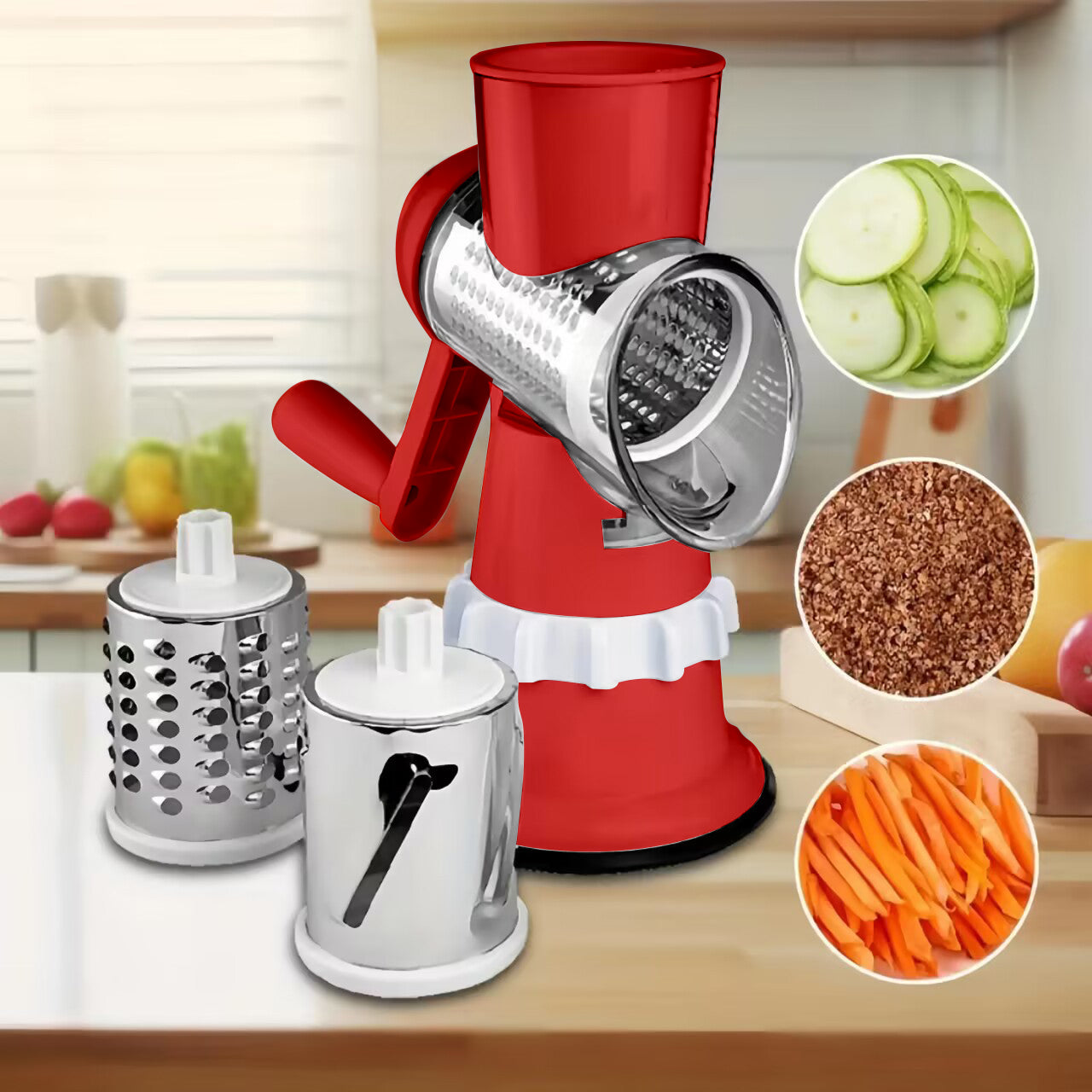 Rotary Cheese Grater, Kitchen Mandoline Vegetable Slicer with 3 Interchangeable Blades, Easy to Clean Grater for Fruit, Vegetables, Nuts