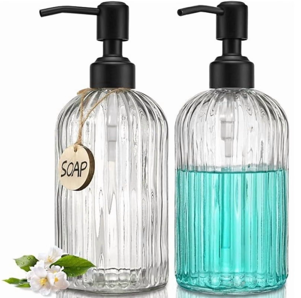 2PACK Glass Soap Dispenser with Rust Proof Stainless Steel Pump, Refillable Hand Soap Dispenser with Vertical Stripe, Premium Bathroom soap Dispenser for Kitchen & Bathroom