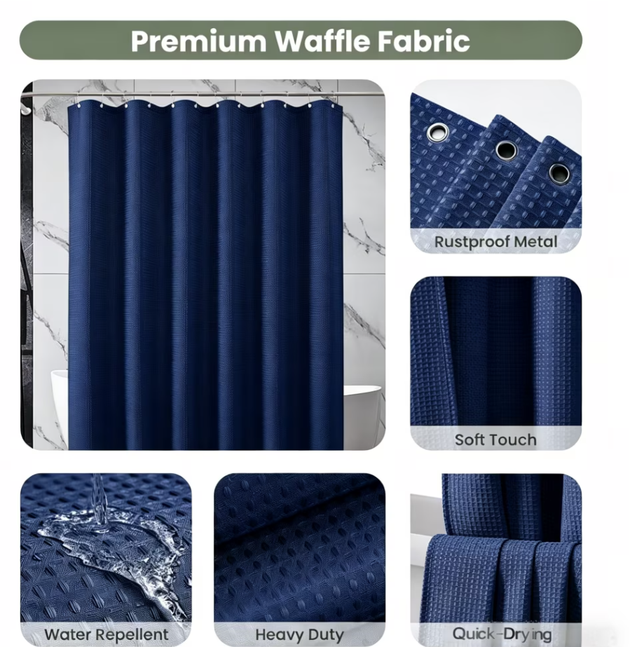 Waffle Textured Heavy Duty Thick Fabric Shower Curtains for Bathroom, 256GSM Luxury Weighted Polyester Cloth Bath Curtain Set with 12 Plastic Hooks，72Wx72H,Blue