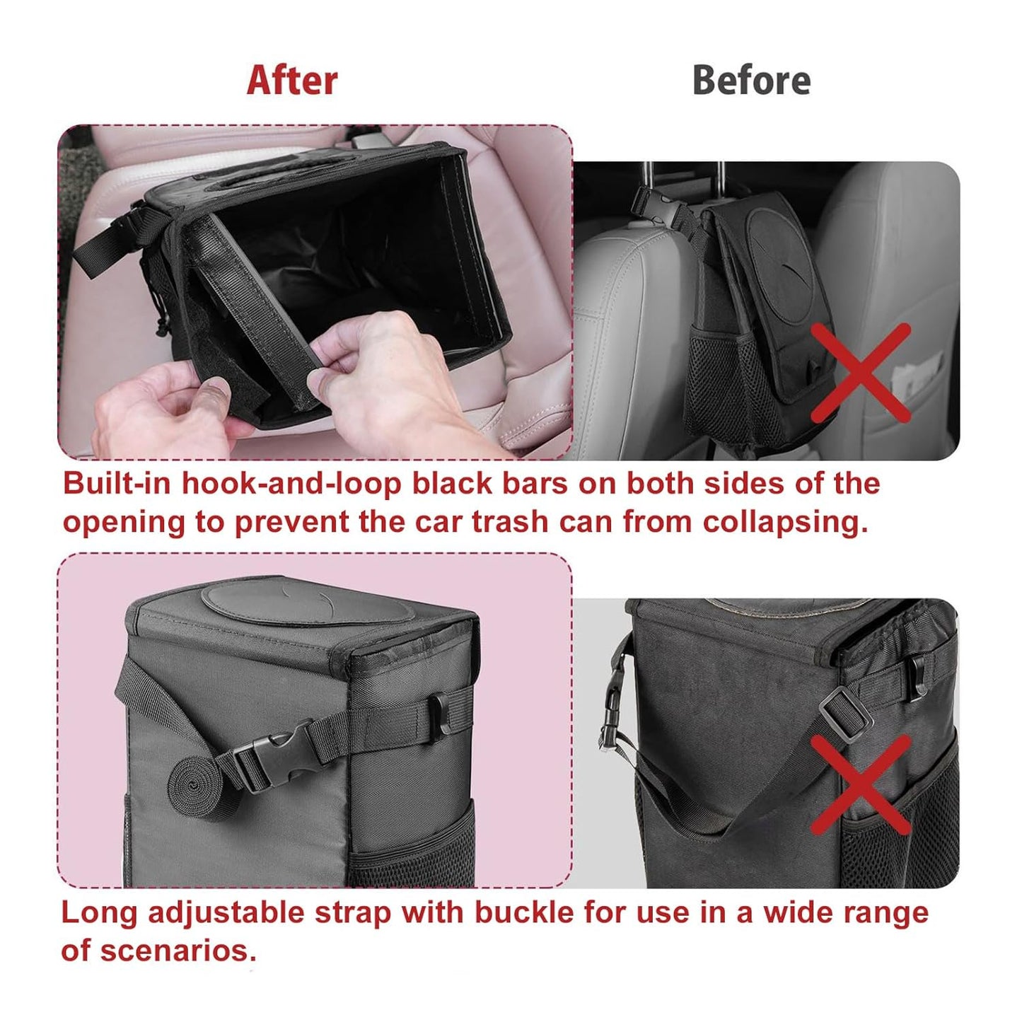 Mikhai Car Trash Can with Lid and Storage Pockets - Leak-Proof Organizer, Waterproof Car Accessories, Multipurpose Car Garbage Can, 2 Gallons, Black