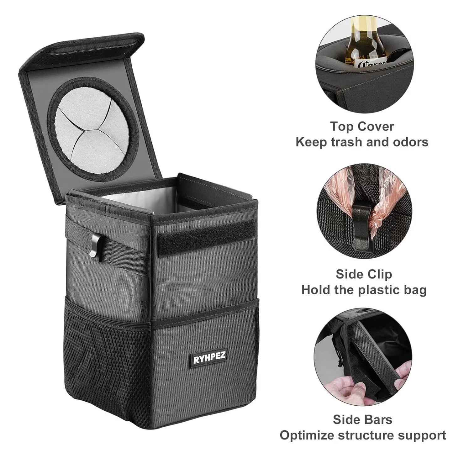 Mikhai Car Trash Can with Lid and Storage Pockets - Leak-Proof Organizer, Waterproof Car Accessories, Multipurpose Car Garbage Can, 2 Gallons, Black