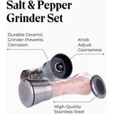 Premium Stainless Steel Sea Salt and Pepper Grinder Set of 2 - Adjustable Ceramic - Tall Glass Salt and Pepper Shakers - Kitchen Spice Mill