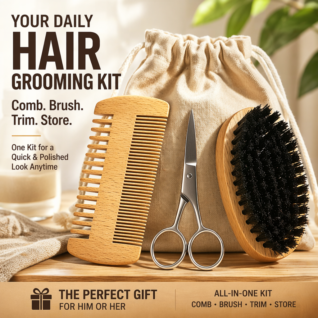 Beard Comb & Beard Brush Set for Men -Natural Boar Bristle Brush and Dual Action Pear Wood Comb w/Velvet Travel Pouch - Great for Grooming Beards and Mustaches