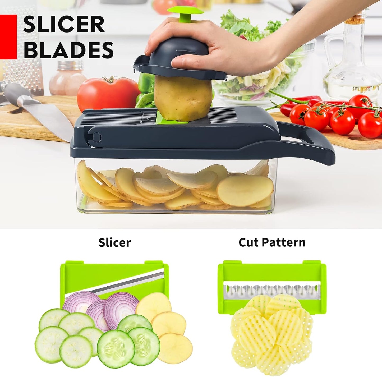 Vegetable Chopper, Pro Onion Chopper, 14 in 1Multifunctional Food Chopper, Kitchen Vegetable Slicer Dicer Cutter,Veggie Chopper With 8 Blades,Carrot Chopper With Container-kitchen essentials(Grey)