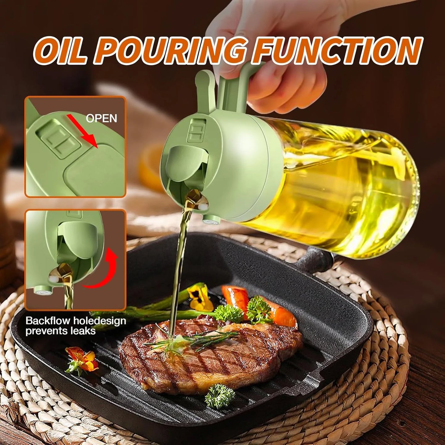 Olive Oil Dispenser Bottle for Kitchen，2 in 1 Oil Sprayer for Cooking, 18oz/600ml Glass Oil Spray Bottle with Pourer, Food-grade Oil Mister for Air Fryer, Salad, Frying, BBQ (2PCSGreen)