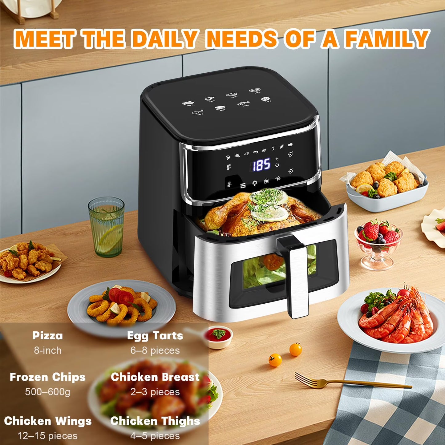 Yilush Multifunctional Digital Air Fryer+ Rotisserie, Dehydrator, Convection Oven, 17 Touch Screen Presets Fry, Roast, Dehydrate, Bake, XL 10L Family Size, Auto Shutoff, Large Easy-View Window, Black