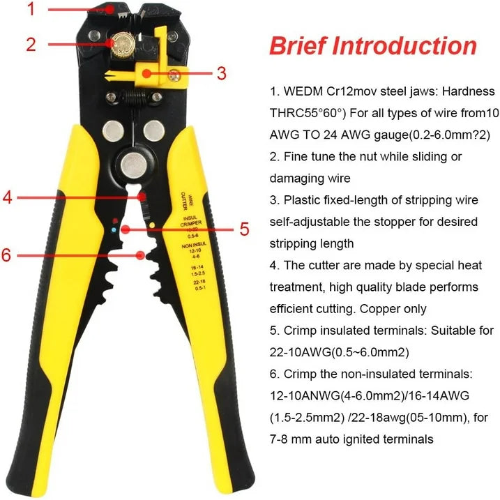 5-in-1 professional multifunctional wire stripper/crimping tool, wire cutter, wire crimping tool, wire stripper, wiring tool and multi-function hand tool.