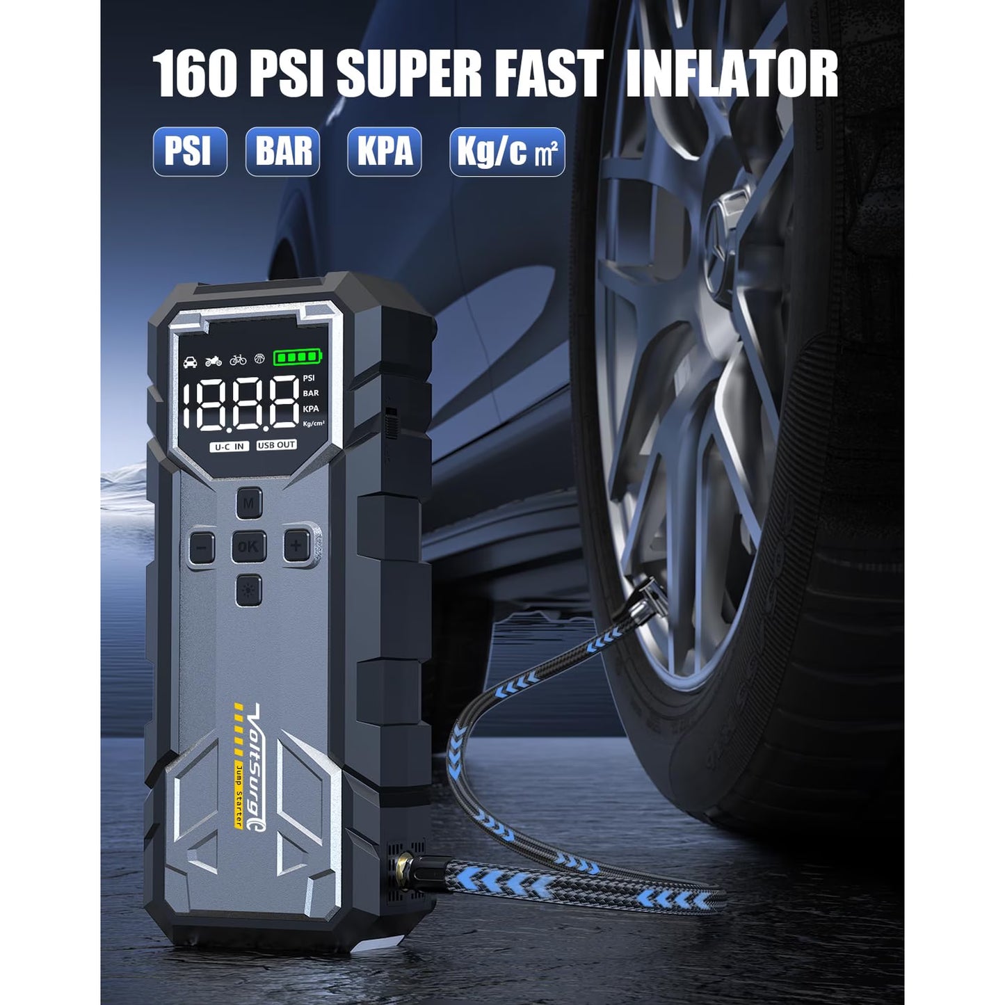 Tmdioo 8000A Jump Starter with Air Compressor, 12V Jump Box for Car Battery (All Gas/10.0L Diesel) Portable Jumper Starter Pack with 150PSI Auto Tire Inflator, LCD Display, Lights & Booster Cable