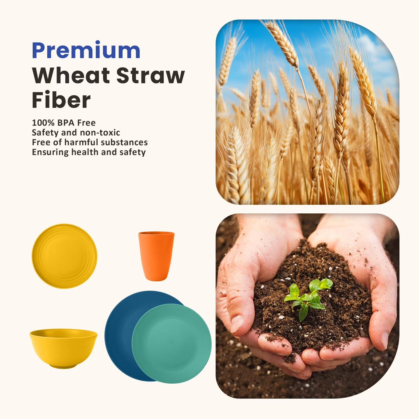 YILUSH 44-Piece Premium Wheat Straw Dinnerware Sets, Service for 8, Unbreakable Plates and Bowls Set - Cups Sets, Dinner Plates, Bowls for Kitchen,Dishwasher and Microwave Safe Dishes Set - Multi
