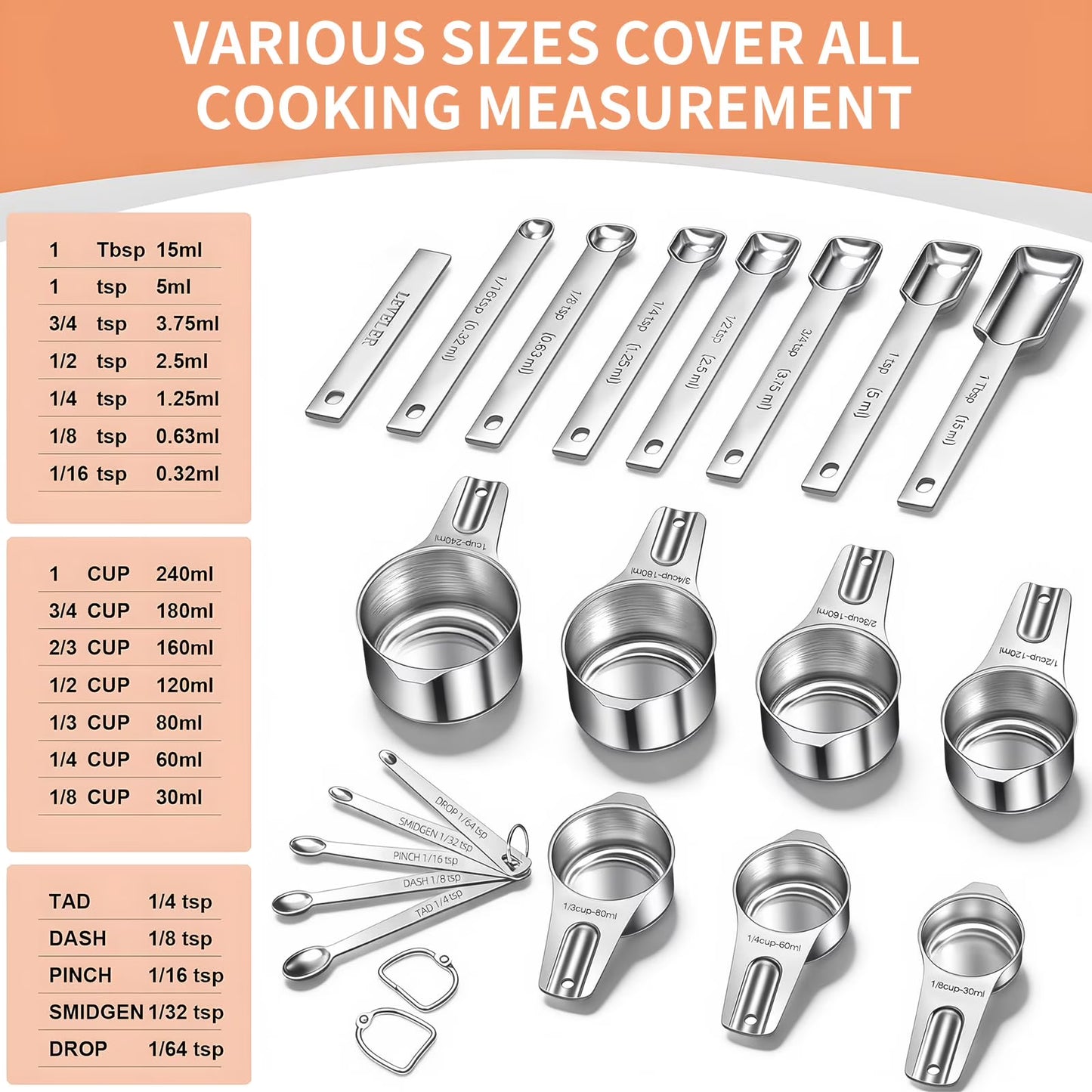 Yilush Cups and Spoons Set, 7 Stainless Steel Nesting Measuring Cups & 7 Spoons, 5 Mini Measuring Spoons &1 Leveler, Kitchen Gadgets for Cooking & Baking, Squar
