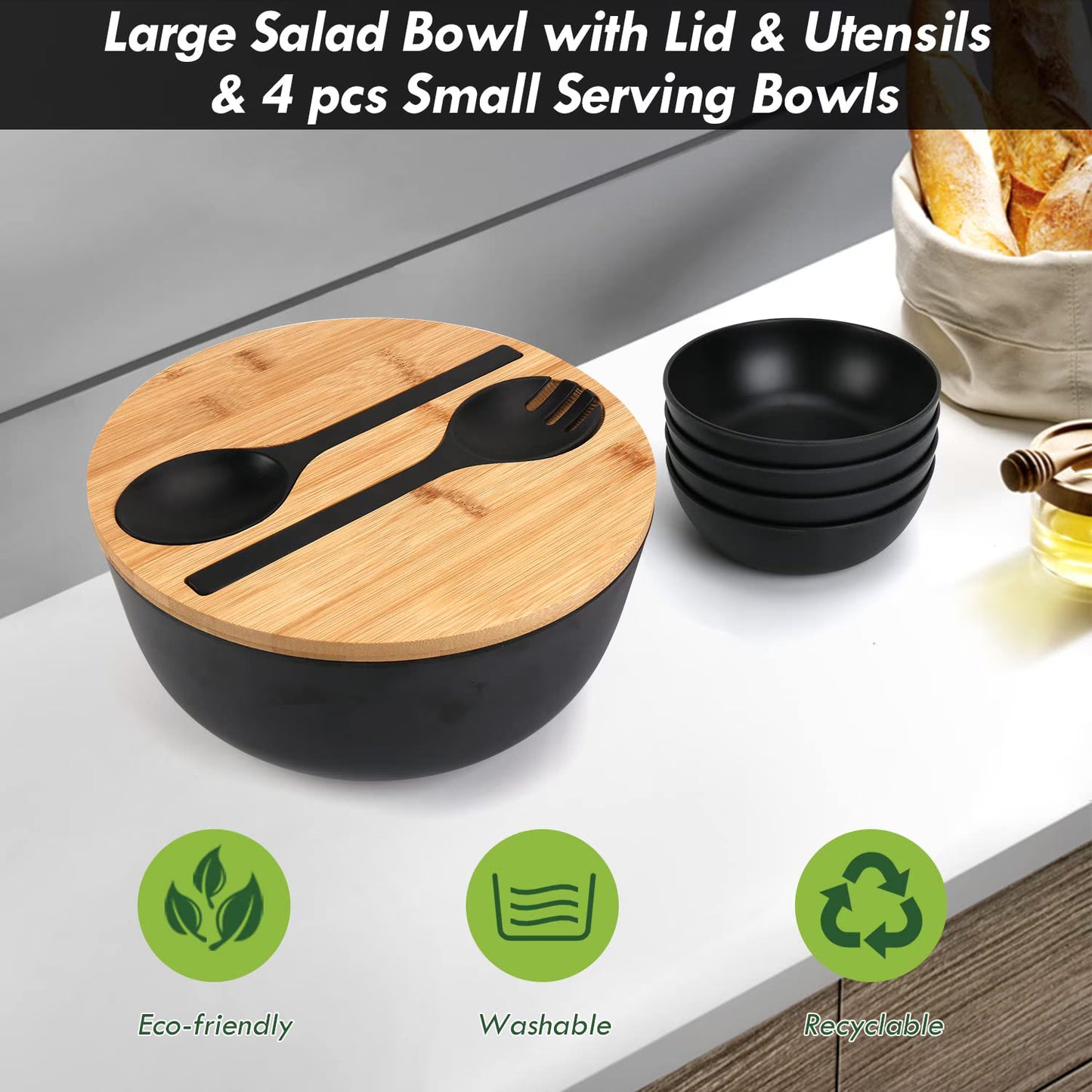 Bamboo Fiber Salad Bowl with Servers Set Large 9.8inches Nature Bamboo Mixing Bowl with Servers with Lid Spoon and Fork for Fruits,Salads and Vegetables