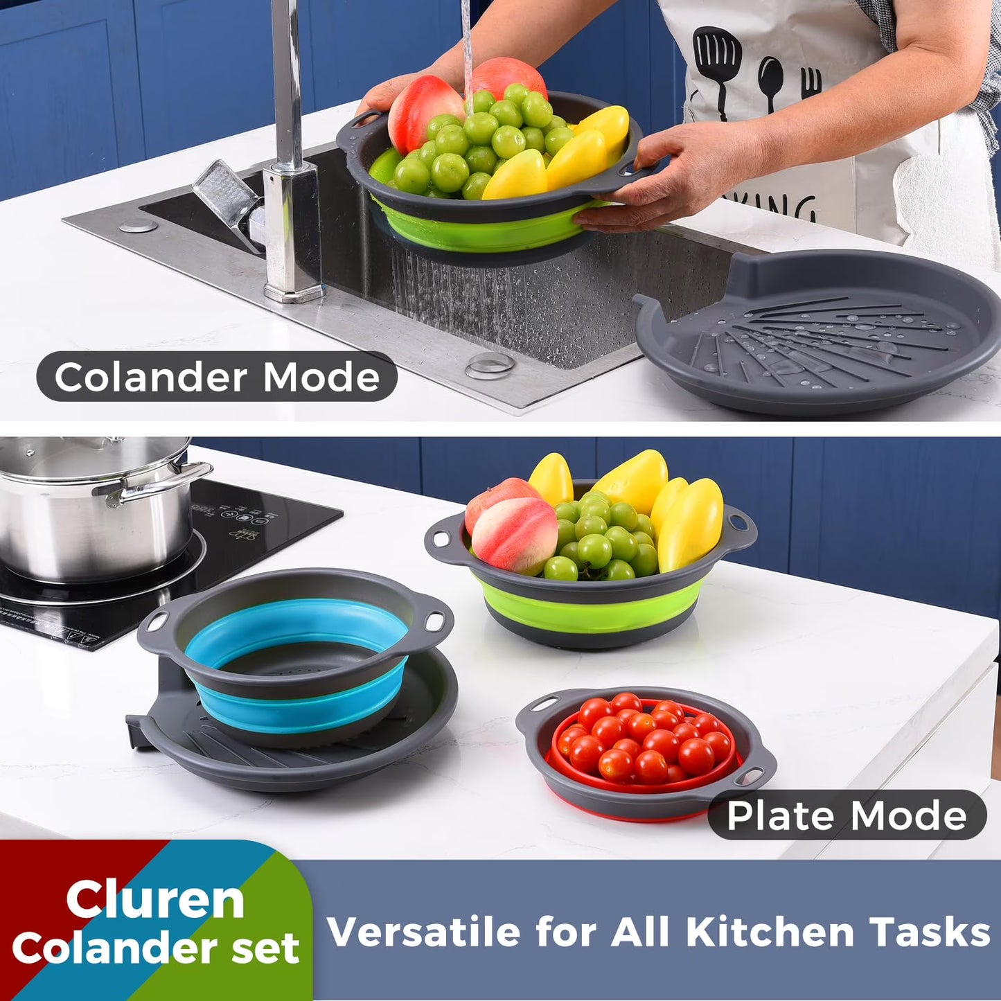 Collapsible Colanders (4 Pack Set) Food Strainers with Over-Sink Water Draining Base for Pasta Fruits and Vegetables (Patent Pending) Mixed colors (3 Sizes, 3QT, 4QT and 5 Quart)