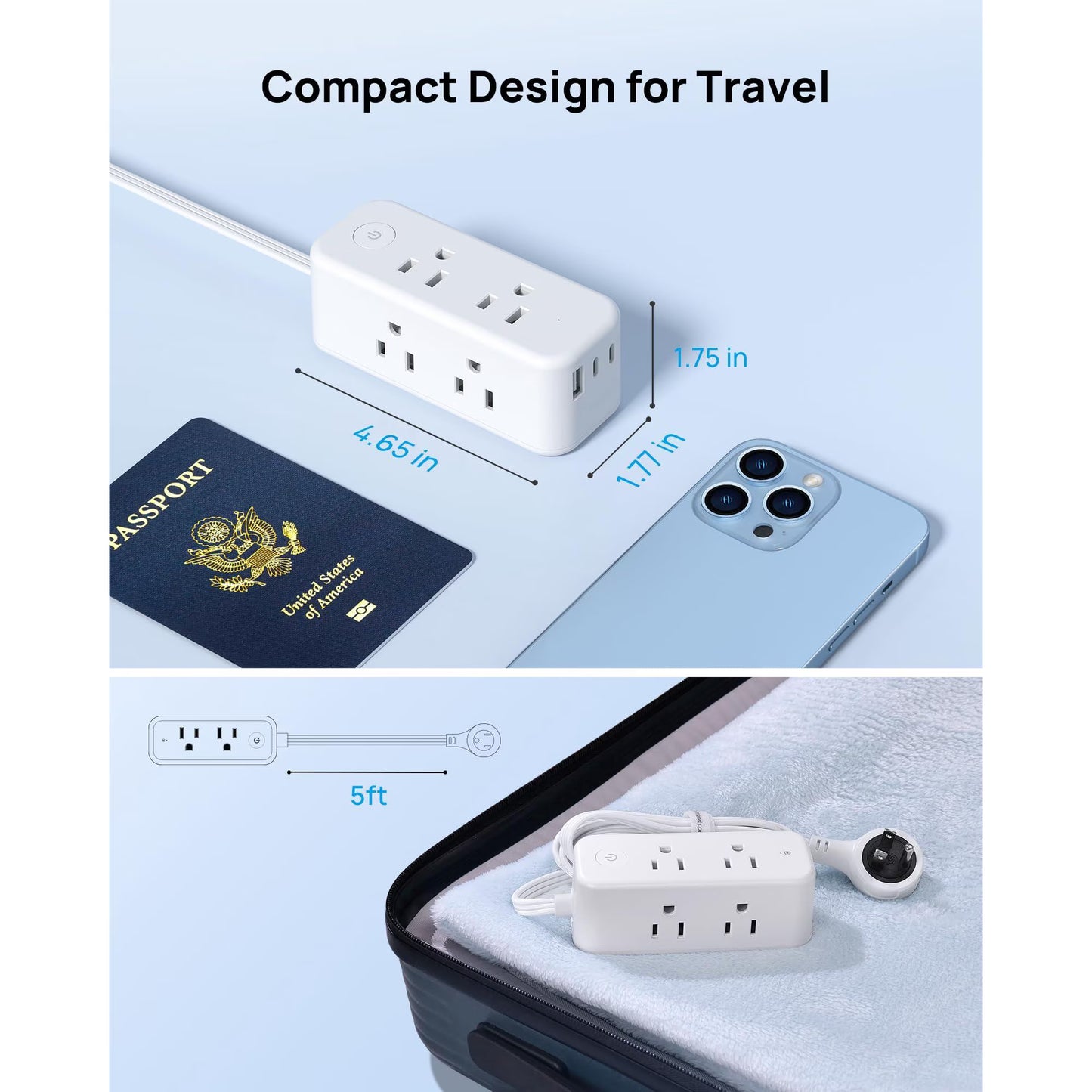 Avoben 360° rotating flat plug power strip with 6 widely spaced sockets, 2 USB-C ports and 1 USB-A port, 1440J surge protector, 5-foot extension cord, suitable for home, travel and office(Pack of 2)
