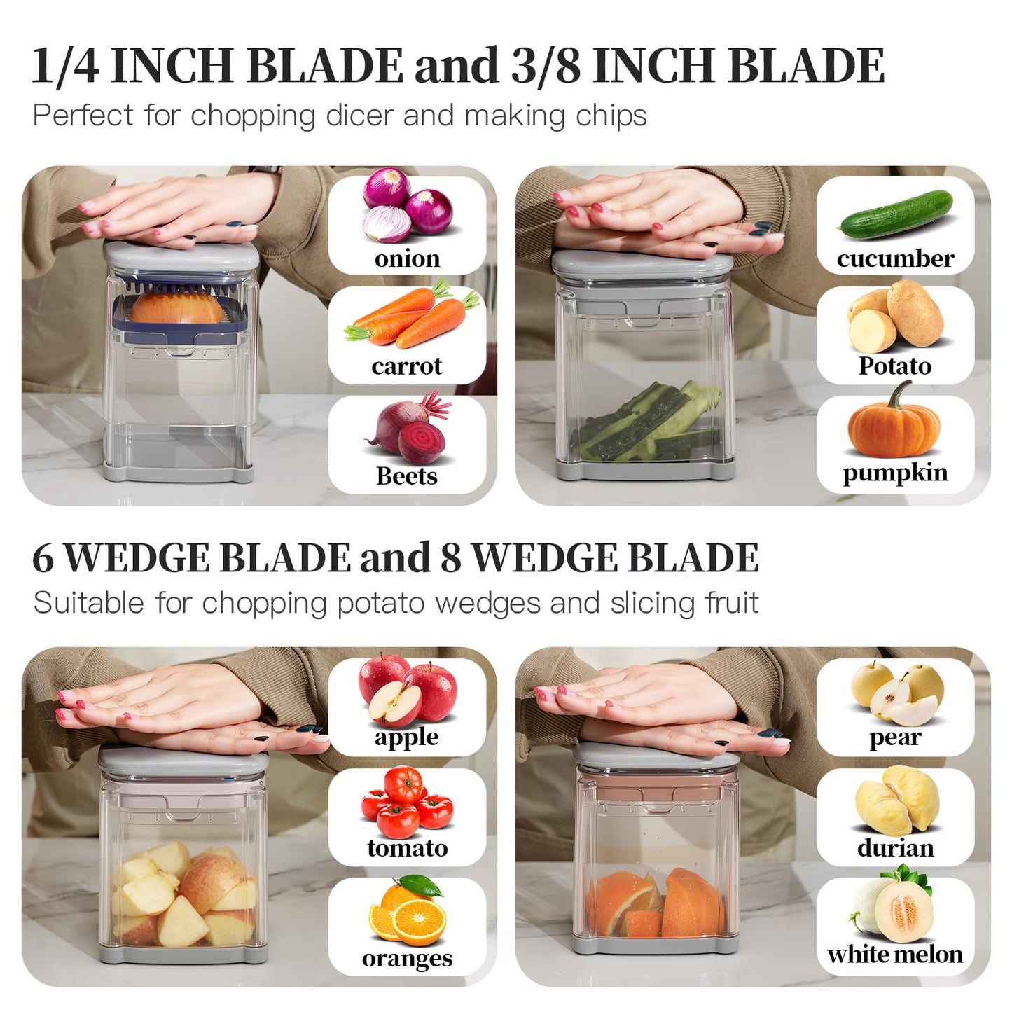 4-In-1 French Fry Cutter for Potatoes, Apple Slicer, Chopper Vegetable Cutter - Dicer Chopper for Carrots, Cucumbers, Onion, Tomato (Gray 4-in-1 French Fry Cutter)