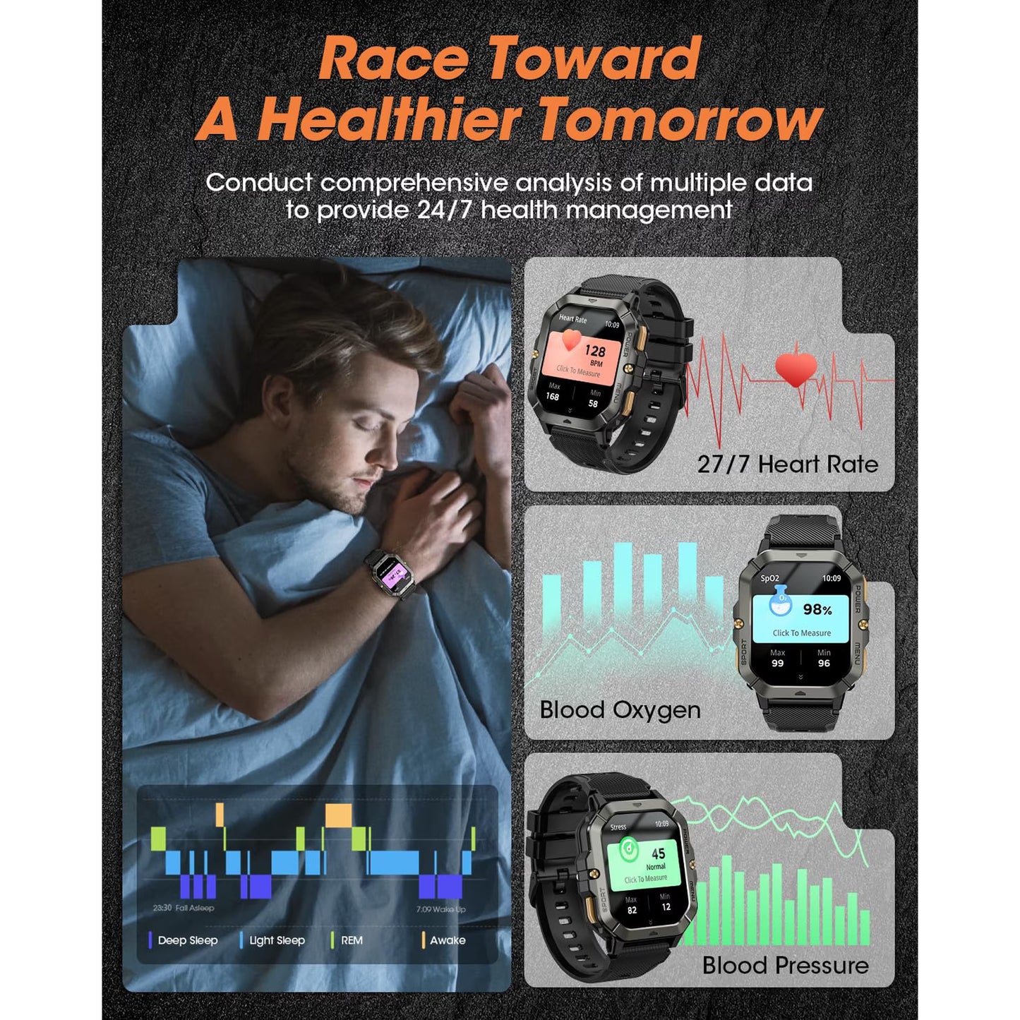The C28 military smartwatch (can make/receive calls) is a 2.02-inch fitness smartwatch compatible with Android and Apple systems. It is a waterproof fitness tracker with body metrics/sleep monitoring