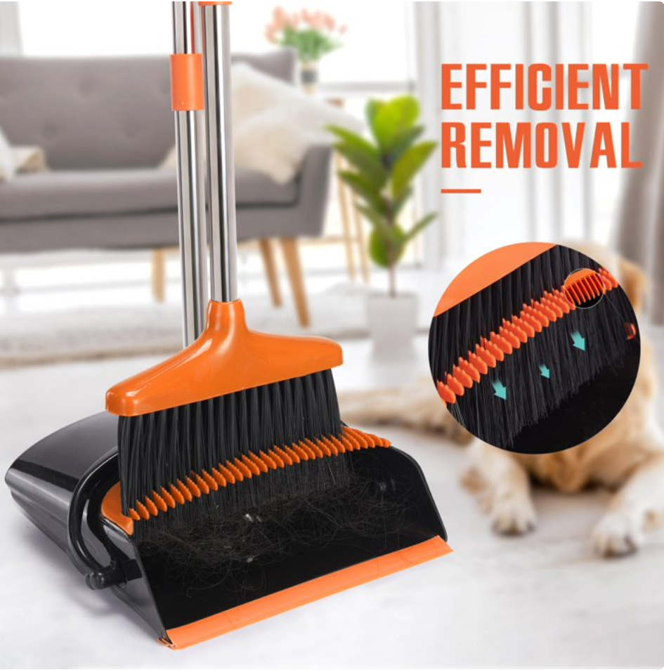 Upgrade Broom and Dustpan Set, Self-Cleaning with Dustpan Teeth, Indoor&Outdoor Sweeping, Ideal for Dog Cat Pets Home Use, Stand Up Broom and Dustpan (Gray&Orange)