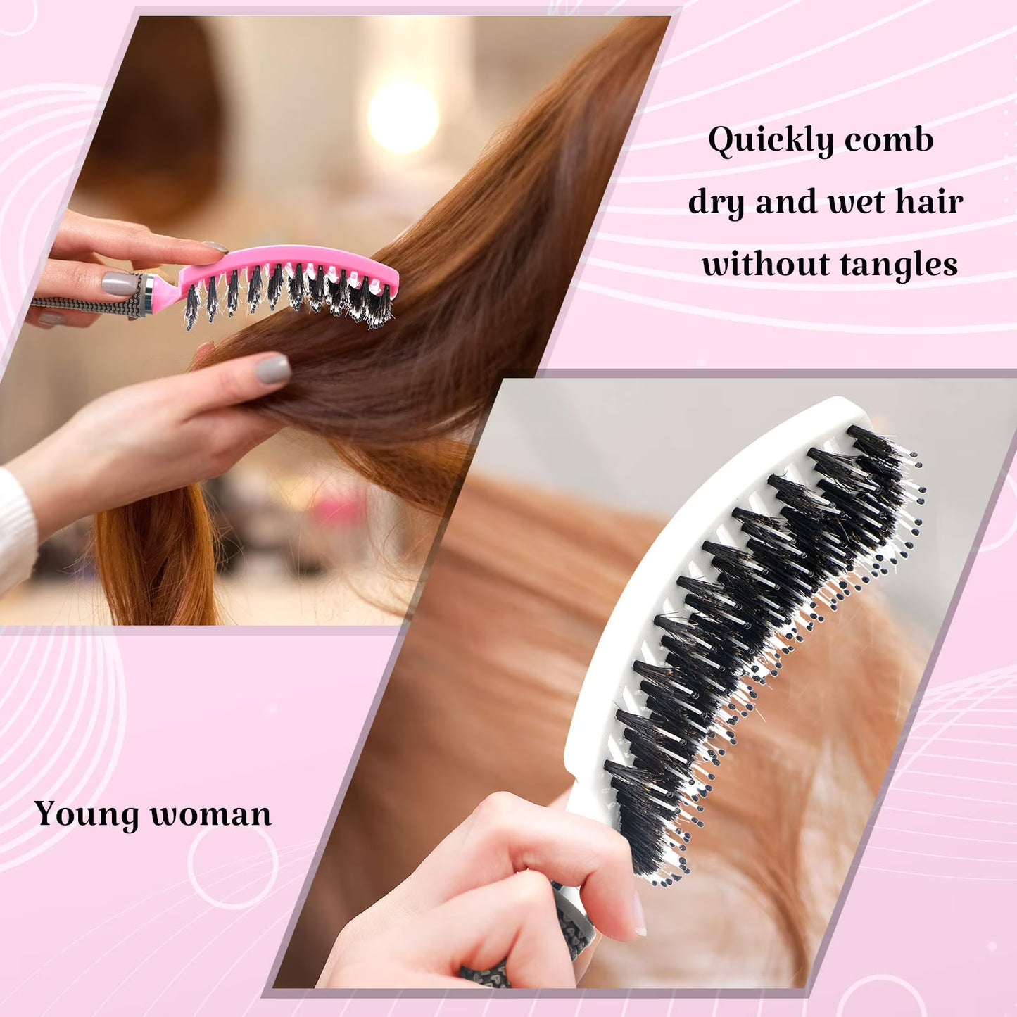 3 Pieces Curved Vented Boar Bristle Hair Brushes,curly hair brushwet brush detangling brush , Long and Curly Hair, 3 Colors: White, Pink, Black