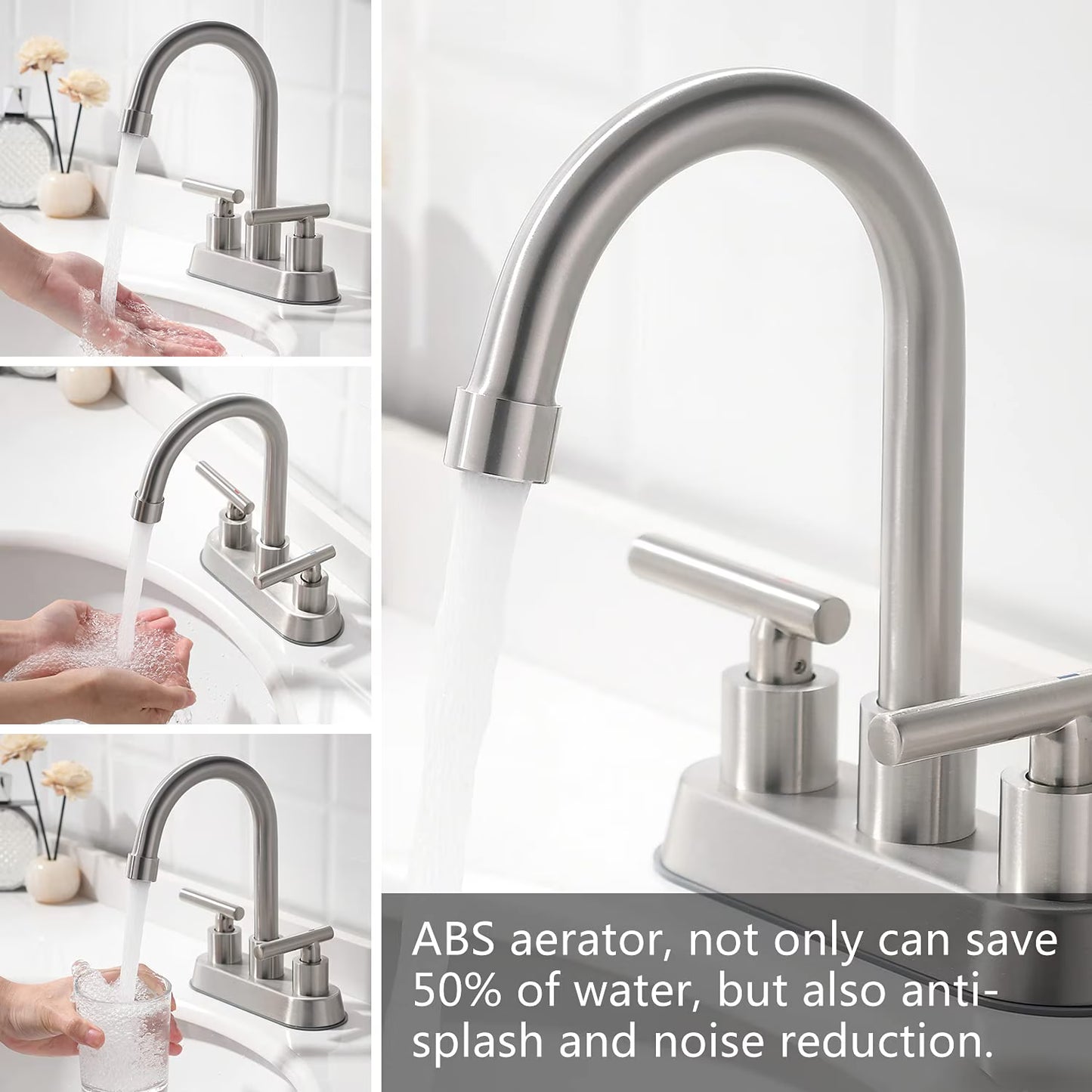 Mikhai Bathroom Faucets 3 Hole, 4 inch Bathroom Faucet 3 Hole Matte White with Pop-up Drain and 2 Supply Hoses, Stainless Steel Lead-Free 2-Handle Center set Faucet for Sink Vanity