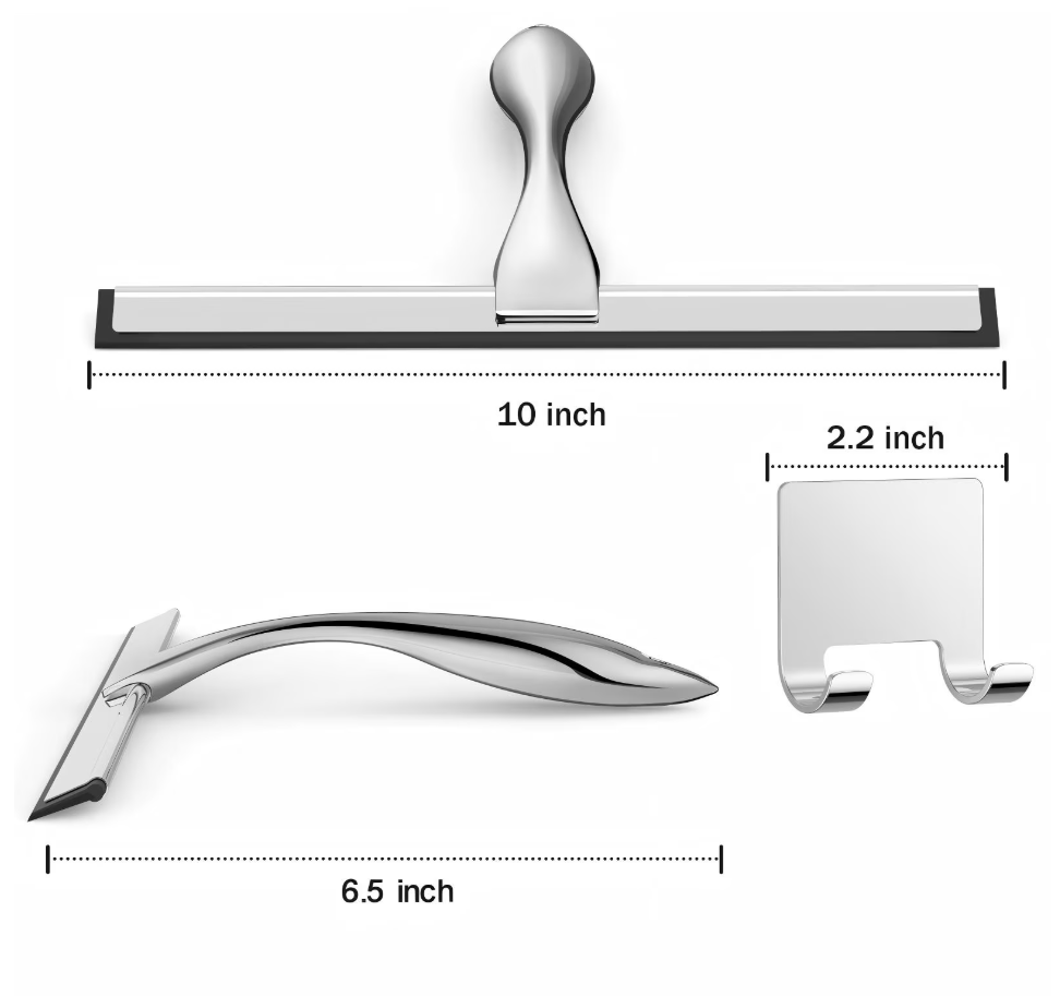 All-Purpose Stainless Steel Shower Squeegee for Shower Glass Door with 2 Adhesive Hooks, Bathroom Cleaner Tool Household Window Mirror Squeegee , Cleaning Tile Wall, Car, Silver
