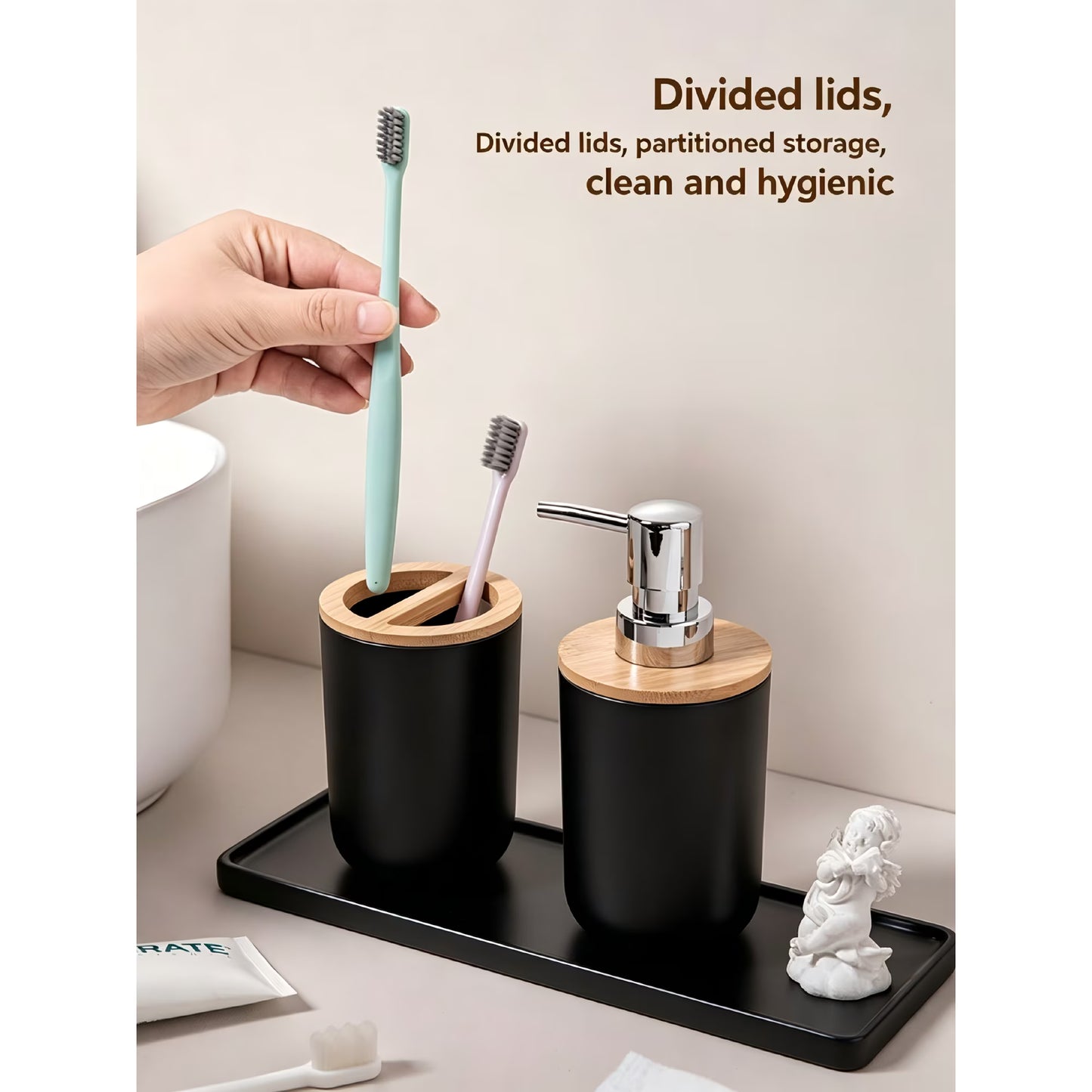 Bathroom Accessories Set 6 Pcs Bathroom Set Ensemble Complete Soap Dispenser Toothbrush Holder Tumbler Soap Dish Toilet Cleaning Brush Trash Can, Thread Black