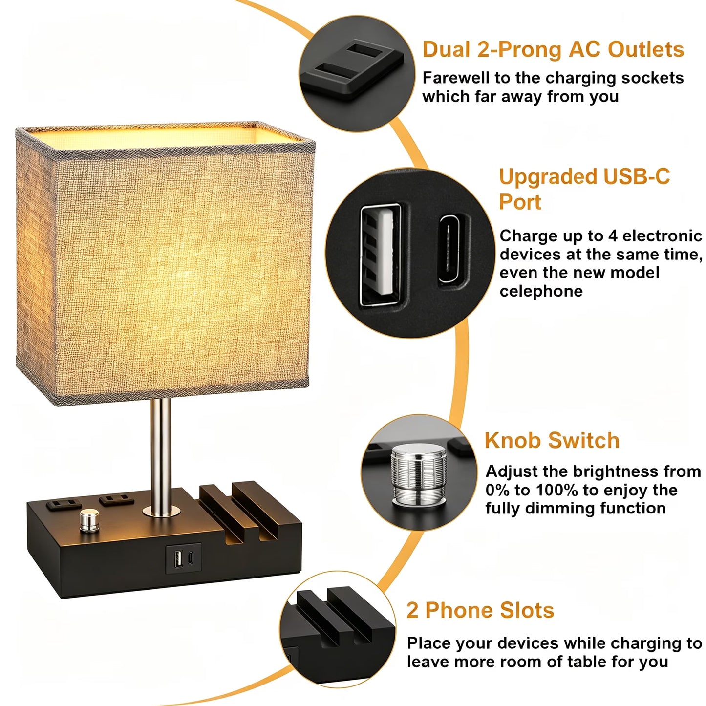Table Lamp for Bedroom with Fast USB A&C Charging Ports, Bedside Lamps with 2 Phone Stands, 2 and 3-prong AC Charging Outlets, Touch Lamp for Living Room, Dorm, Home Office