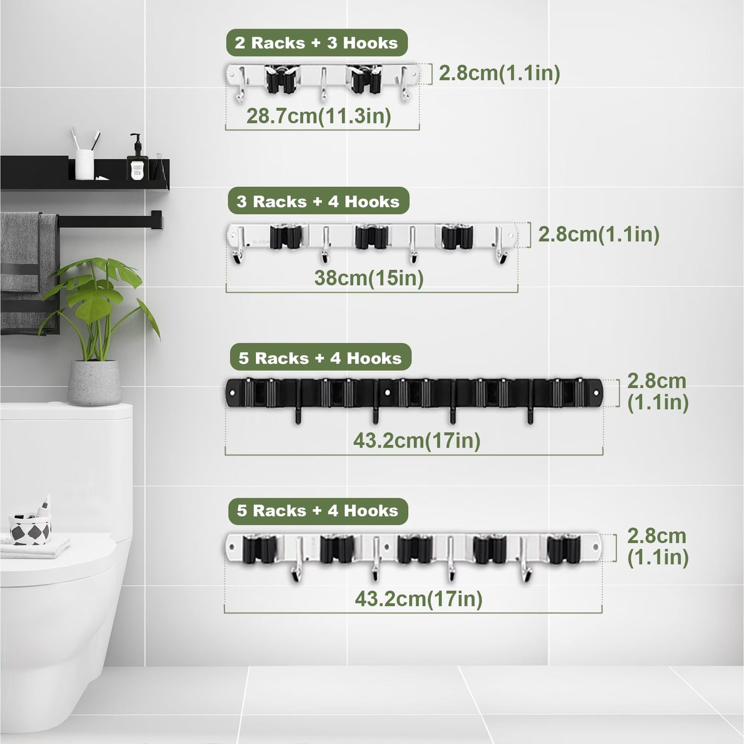 Mikhai 5 Racks and 4 Hooks Mop and Broom Holder Wall Mount, Broom Organizer Storage Tool Racks Stainless Steel Heavy Duty Hooks Self Adhesive Solid Non-slip for Home Kitchen Garden Laundry Garage
