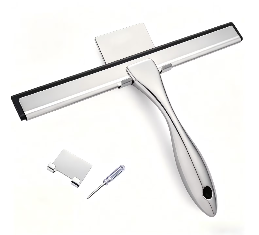 All-Purpose Stainless Steel Shower Squeegee for Shower Glass Door with 2 Adhesive Hooks, Bathroom Cleaner Tool Household Window Mirror Squeegee , Cleaning Tile Wall, Car, Silver