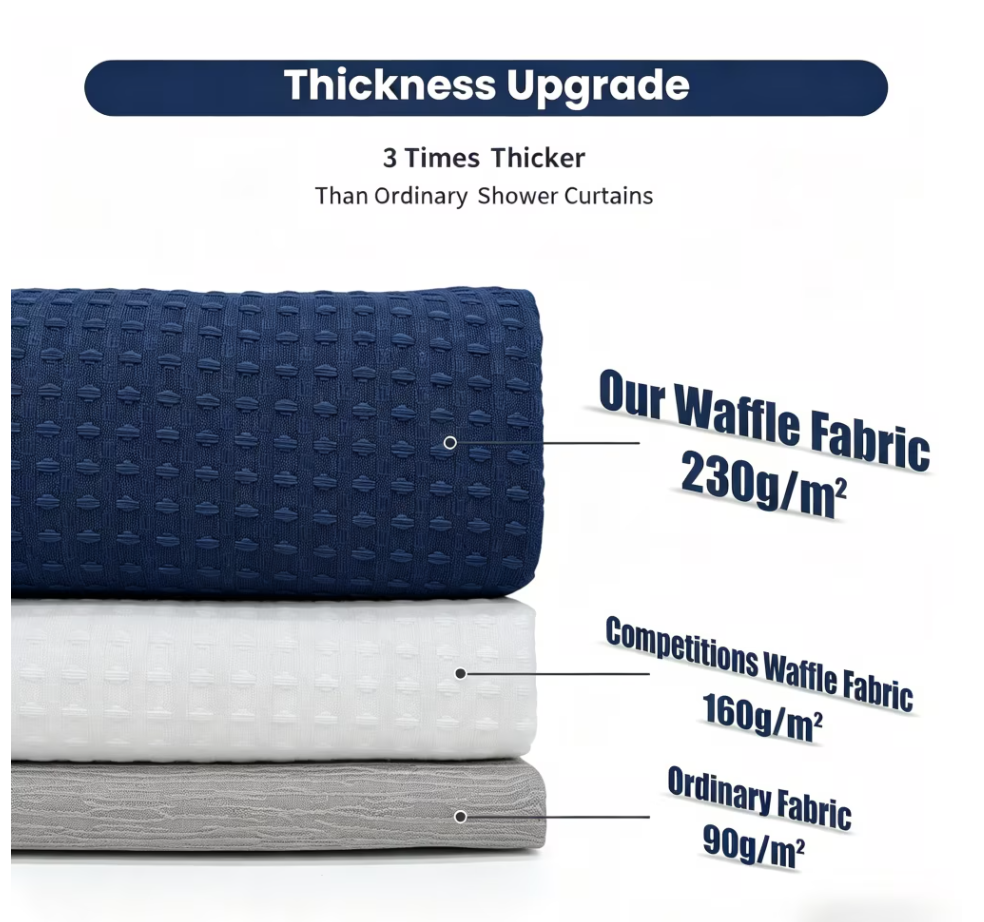 Waffle Textured Heavy Duty Thick Fabric Shower Curtains for Bathroom, 256GSM Luxury Weighted Polyester Cloth Bath Curtain Set with 12 Plastic Hooks，72Wx72H,Blue