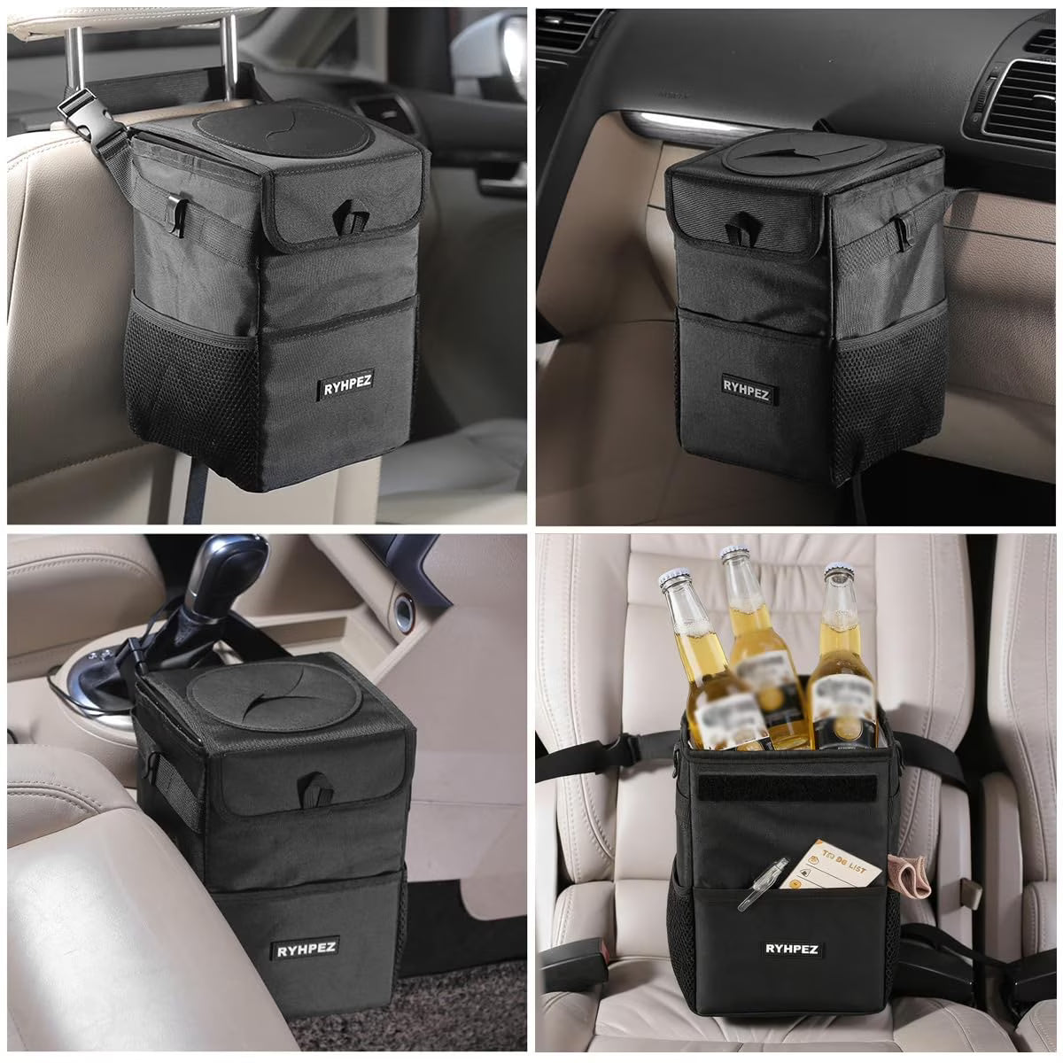 Mikhai Car Trash Can with Lid and Storage Pockets - Leak-Proof Organizer, Waterproof Car Accessories, Multipurpose Car Garbage Can, 2 Gallons, Black