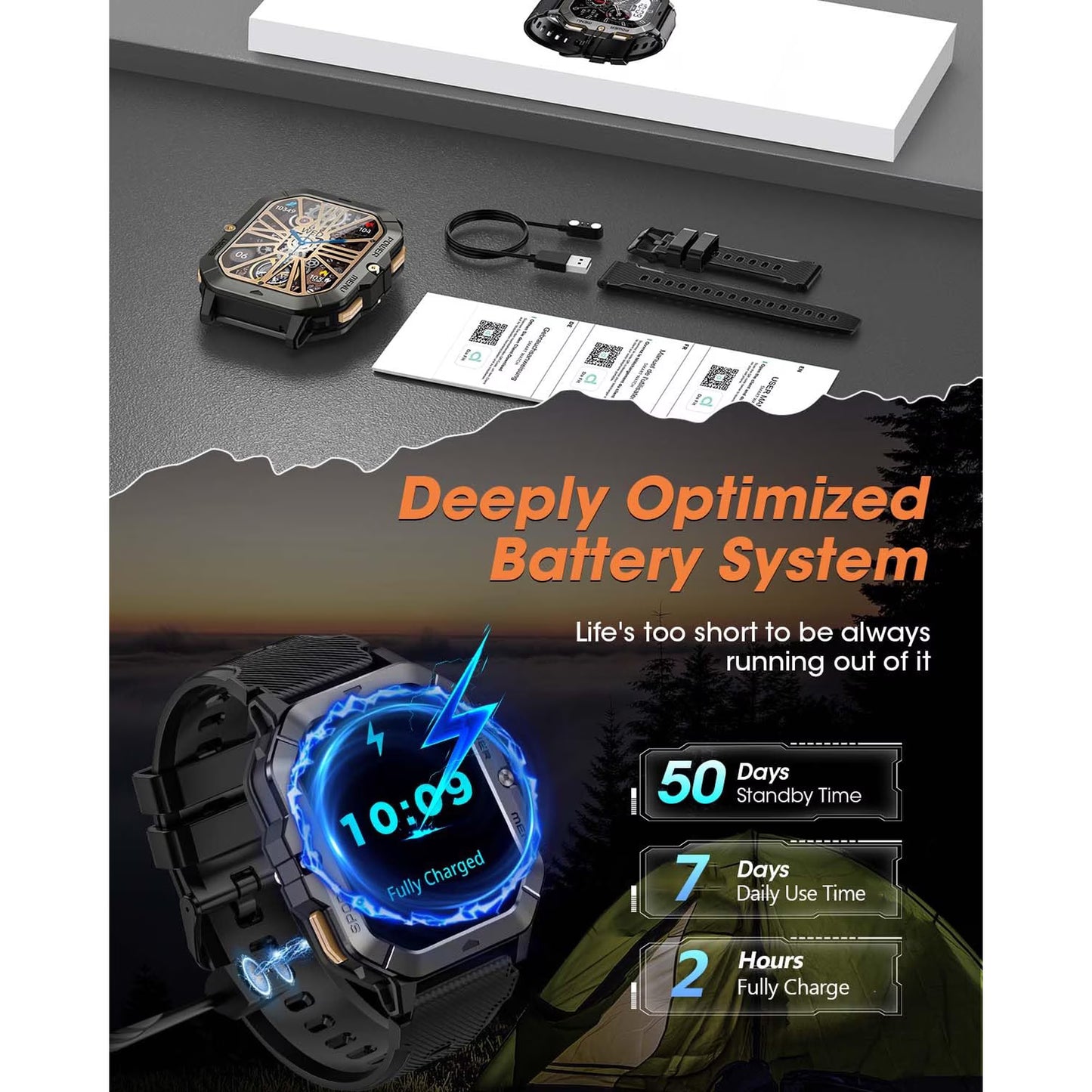 The C28 military smartwatch (can make/receive calls) is a 2.02-inch fitness smartwatch compatible with Android and Apple systems. It is a waterproof fitness tracker with body metrics/sleep monitoring