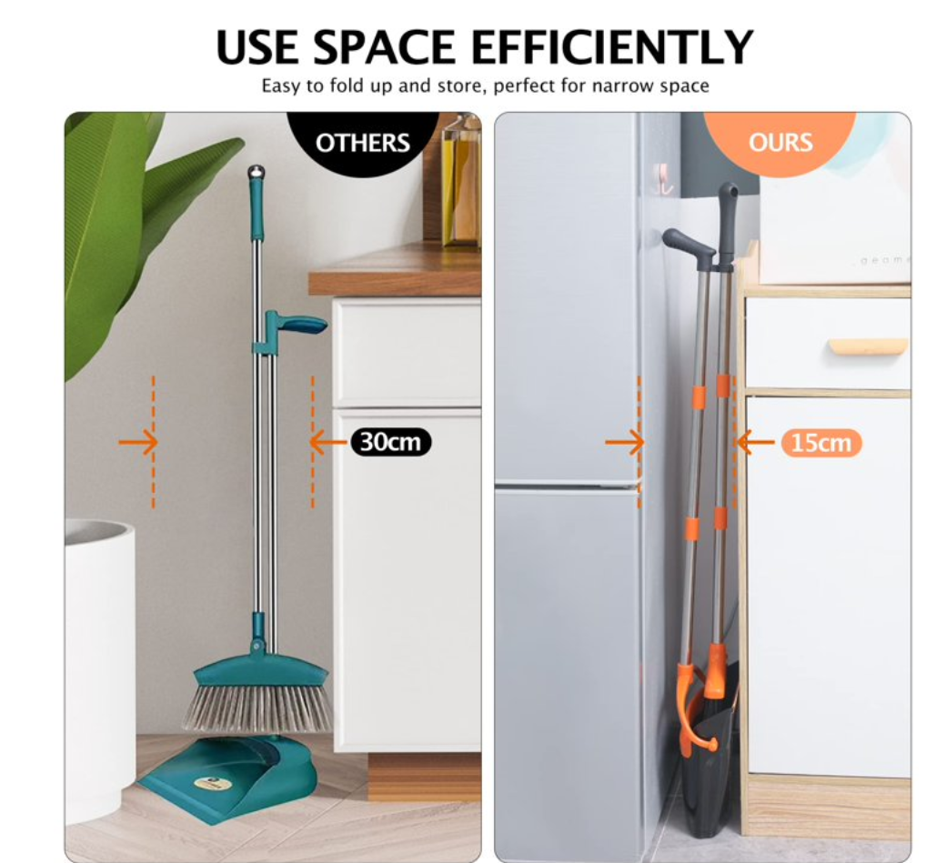 Upgrade Broom and Dustpan Set, Self-Cleaning with Dustpan Teeth, Indoor&Outdoor Sweeping, Ideal for Dog Cat Pets Home Use, Stand Up Broom and Dustpan (Gray&Orange)