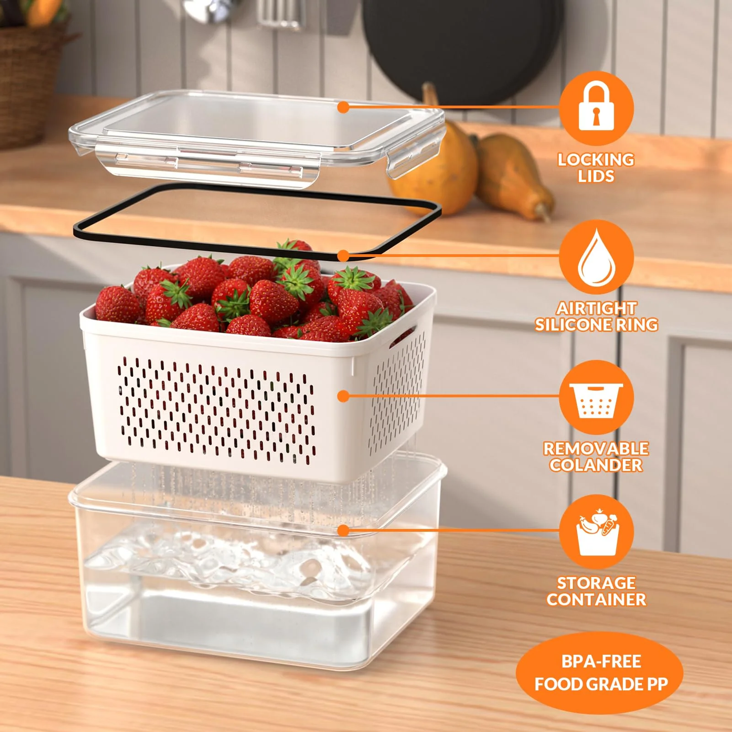 AMAZTEK Large Fruit Containers for Fridge, 5 PCS Leakproof Food Storage Containers with Removable Colander, Airtight Storage Container to Keep Berry Fruit Fresh, Dishwasher & microwave safe