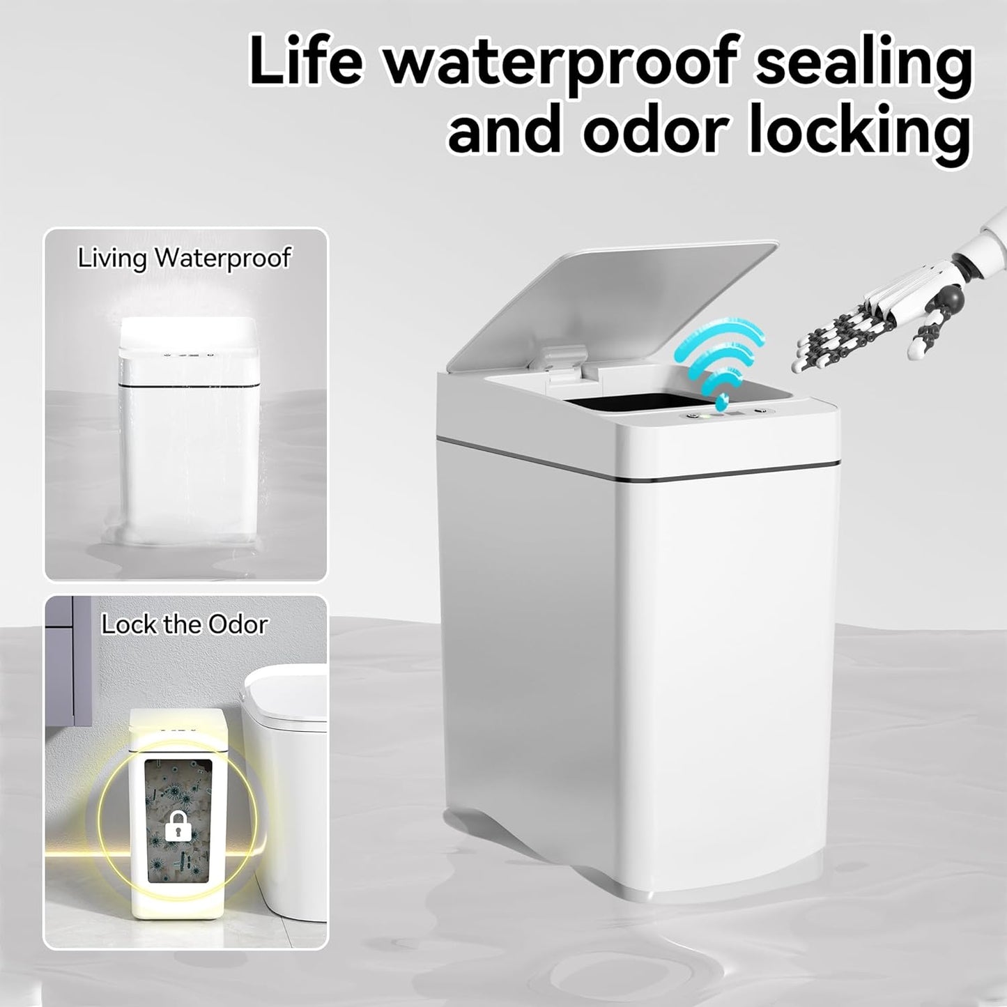 IRINNA Bathroom Small Trash Can with Lid, 2.6 Gallon Touchless Automatic Garbage Can Slim Waterproof Motion Sensor Smart Trash Bin for Bedroom, Office, Kitchen, Living Room (White)