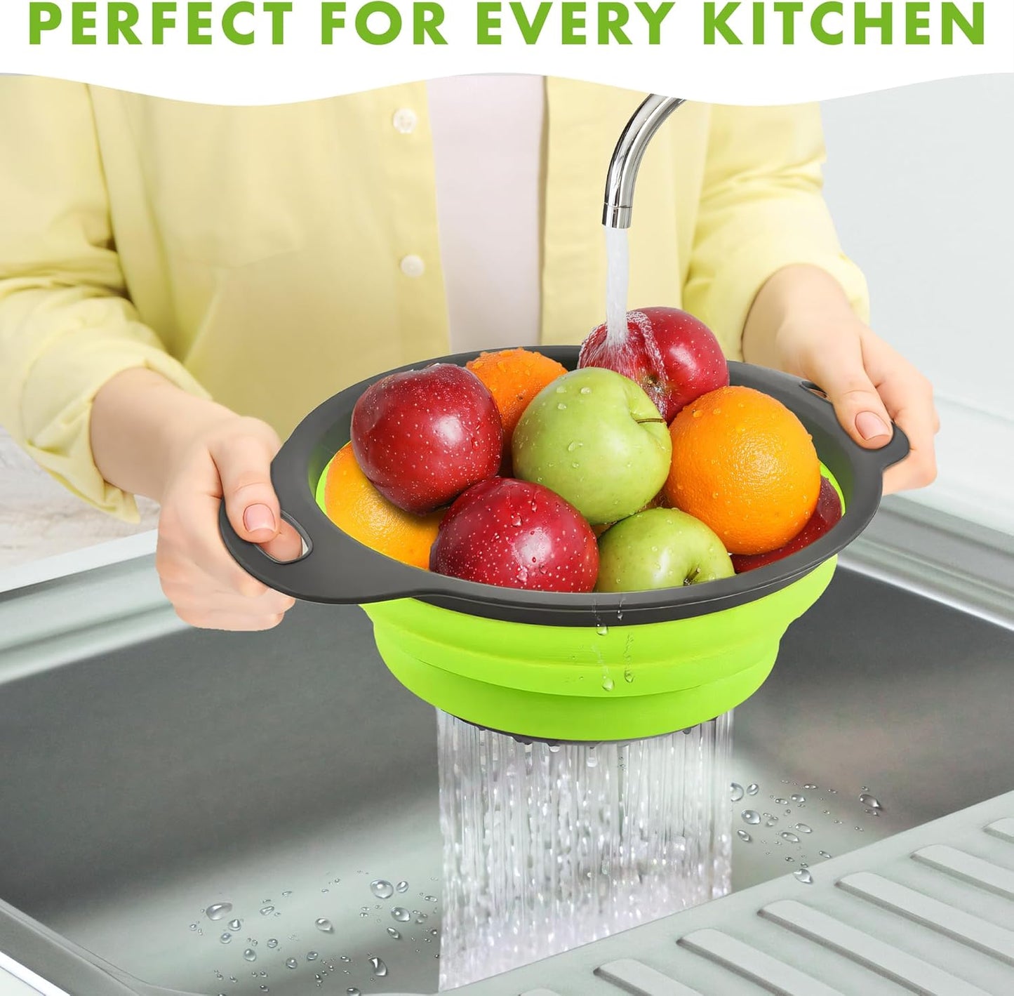 LVL Collapsible Colander Set of 3 Round Silicone Kitchen Strainer Set - 2 pcs 4 Quart and 1 pcs 2 Quart- Perfect for Draining Pasta, Vegetable and fruit (green,blue, purple)