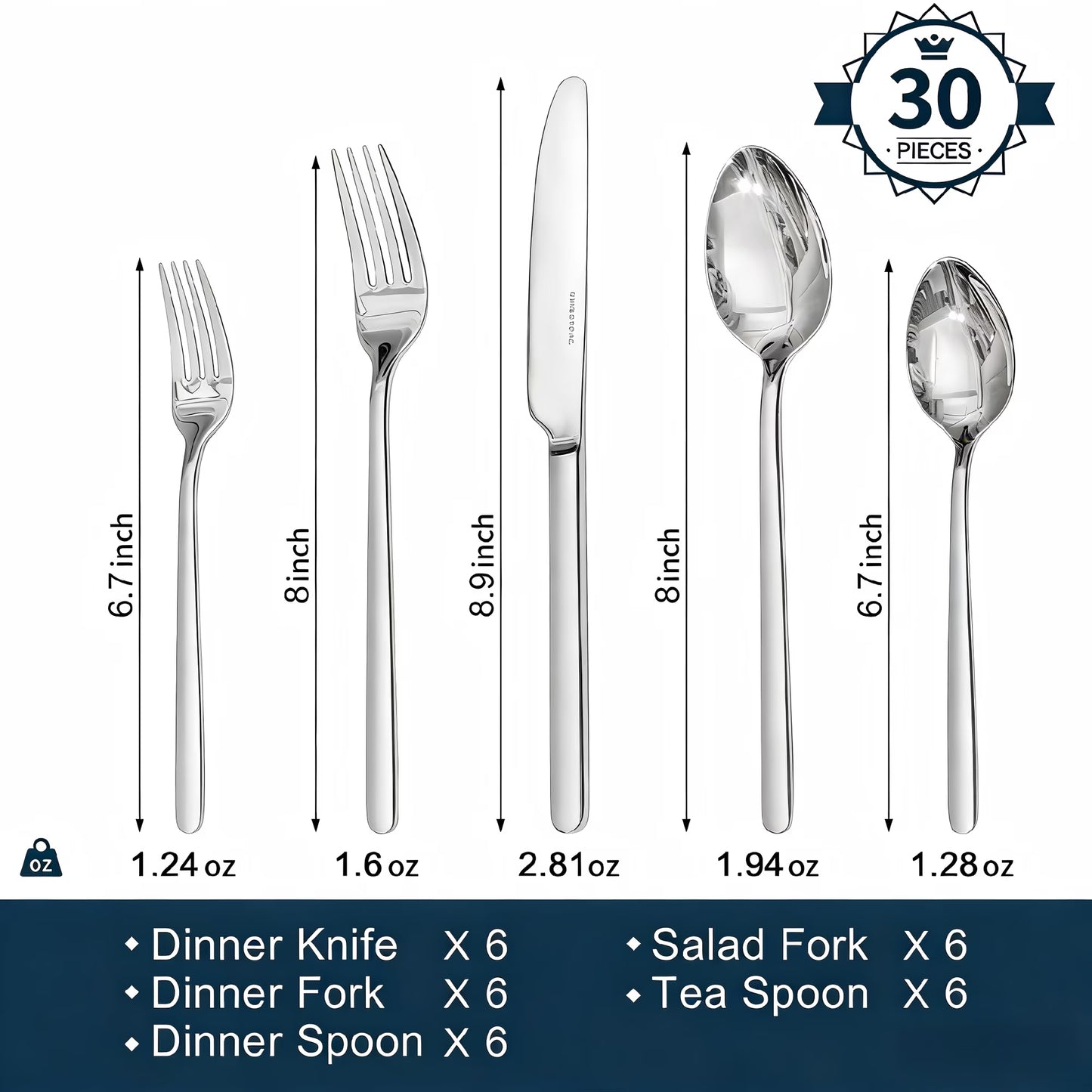Yilush Silverware Set, 30 Piece Flatware Cutlery Set for 6, 18/10 Stainless Steel Silverware Mirror Polished Dishwasher Safe for Home, Restaurant, Wedding, Party(Silver, 30 pieces for 6)