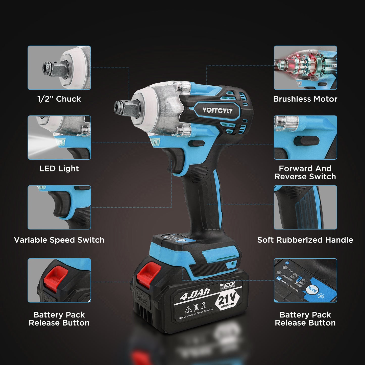 VQJTCVLY Brushless impact driver, 21V Cordless impact wrench 1/2 Inch, 2 × 4.0Ah impact drill tool set, 5 Sockets,7 Drill,6 Screws for Car Home Truck Mower Father Dad Husband, Blue
