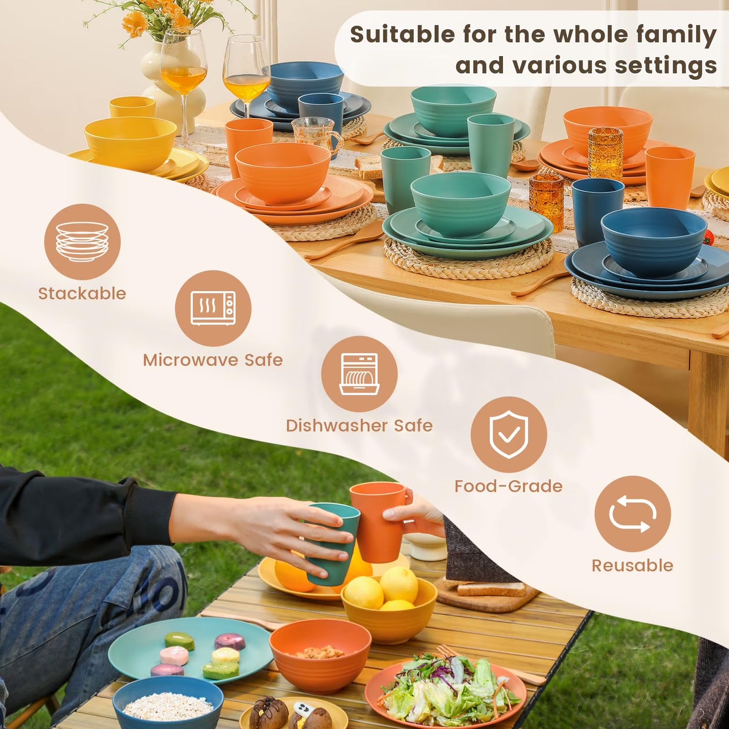 YILUSH 44-Piece Premium Wheat Straw Dinnerware Sets, Service for 8, Unbreakable Plates and Bowls Set - Cups Sets, Dinner Plates, Bowls for Kitchen,Dishwasher and Microwave Safe Dishes Set - Multi