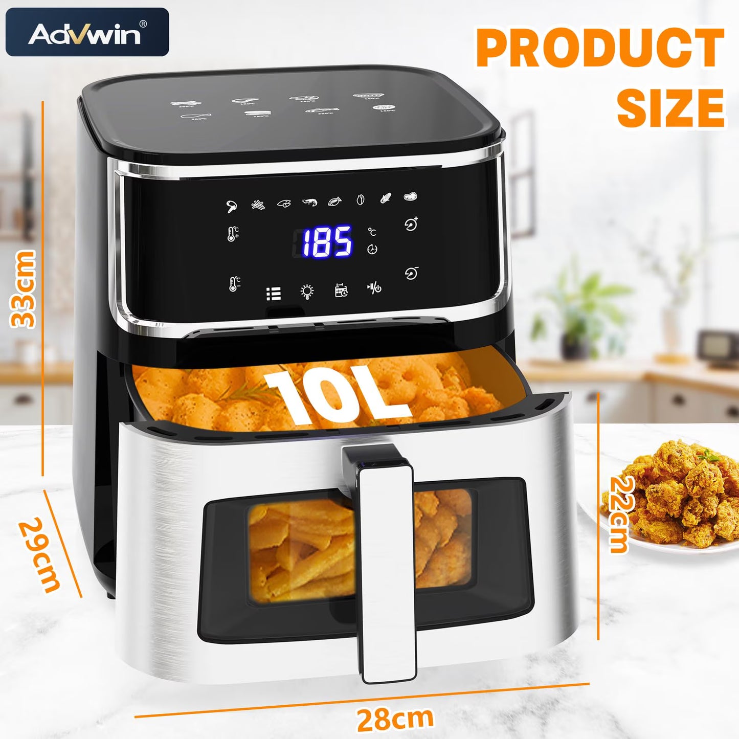 Yilush Multifunctional Digital Air Fryer+ Rotisserie, Dehydrator, Convection Oven, 17 Touch Screen Presets Fry, Roast, Dehydrate, Bake, XL 10L Family Size, Auto Shutoff, Large Easy-View Window, Black