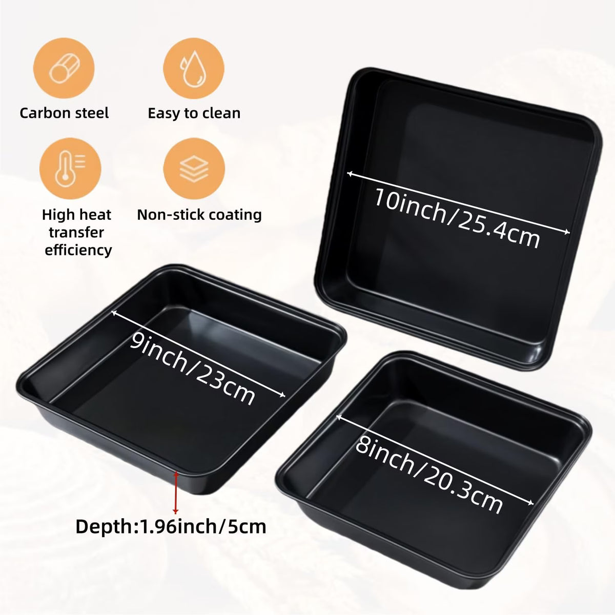 Yilush 3-Piece Square Baking Pan Set - 8.6/9.8/10.6-inch Non-stick Brownie and Cake Pans - Dishwasher safe for easy cleaning, Oven-safe Square Cake Pan (Black)