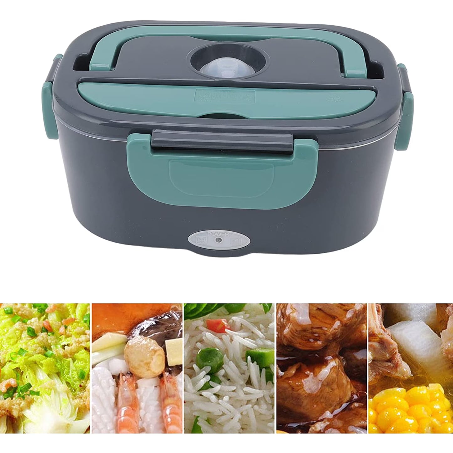 Carestrong Electric-Lunch-Box-Heated-Food-Warmer 40W Heating Lunchbox for Adults 1.5L Portable Food Heater for Work/Car, 12V/24V/110-240V Portable Electric with Fork Spoon (black+Green)