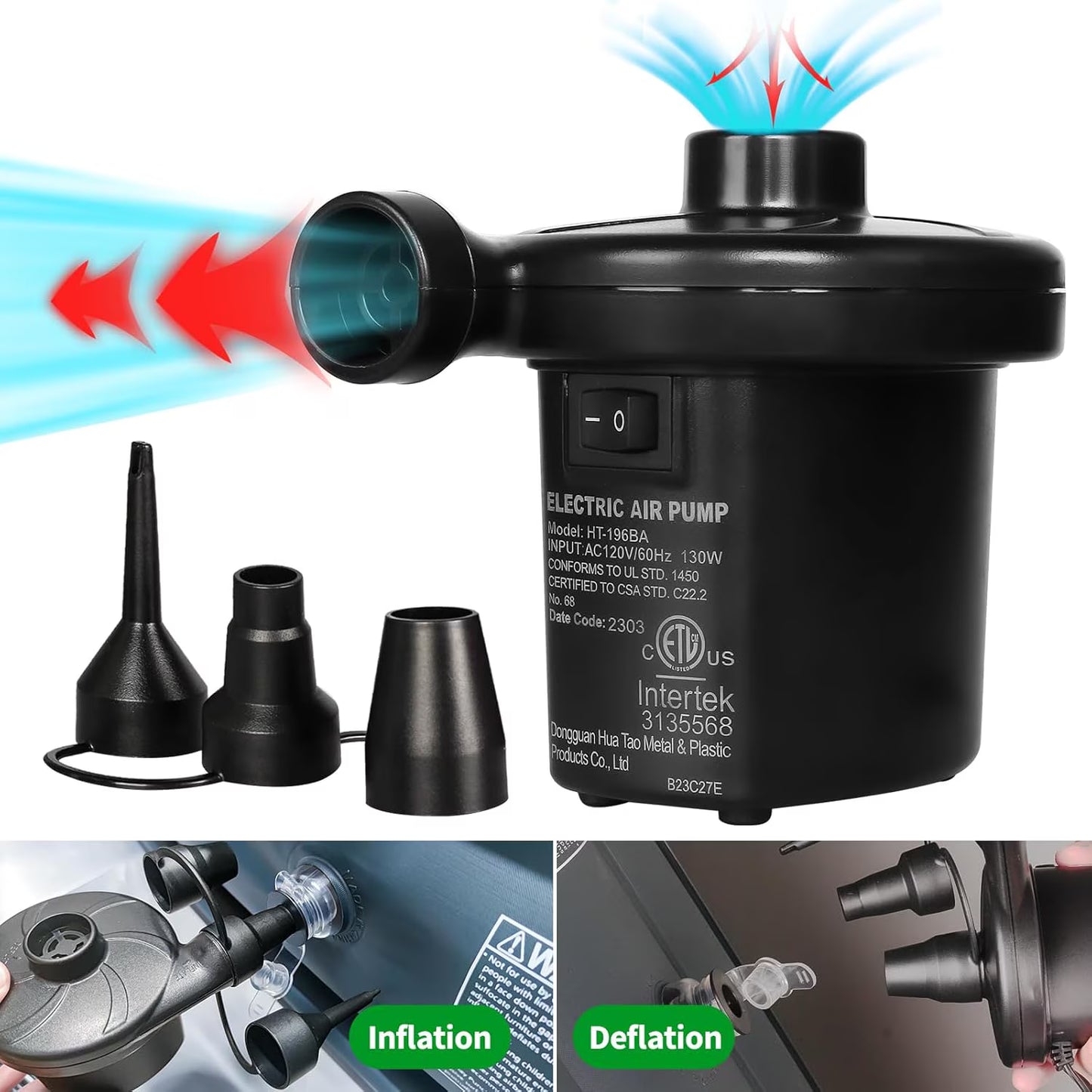 Mikhai Electric Air Pump,Portable Air Pump with 3 Nozzles, 5kPa Quick-Fill,110V AC/12V DC Inflator/Deflator Pumps for Outdoor Camping, Inflatable Air Mattress Beds, Boats, Swimming Ring