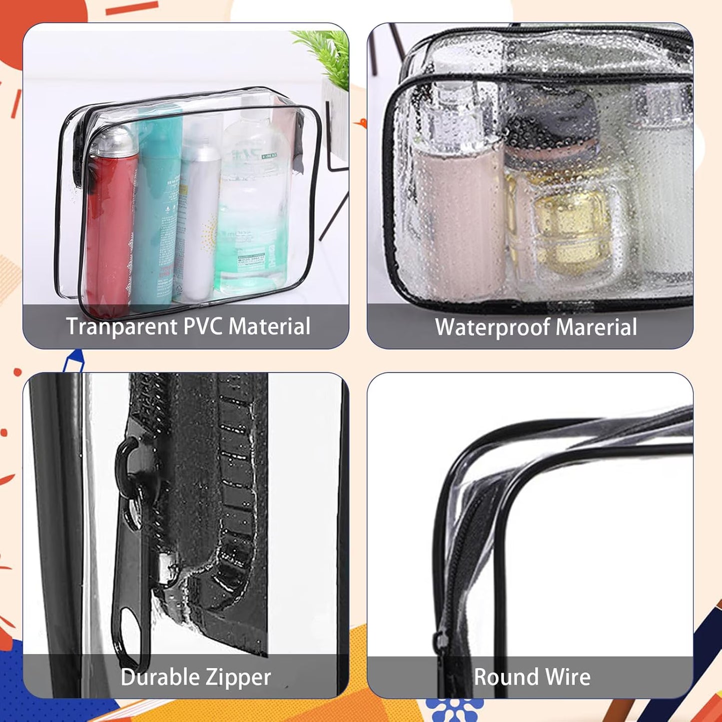 Clear Toiletry Bag, 12 Pack Travel Bag Carry on Travel Accessories Bag Airport Airline Bags Water Repellent Makeup Cosmetic Bag for Women