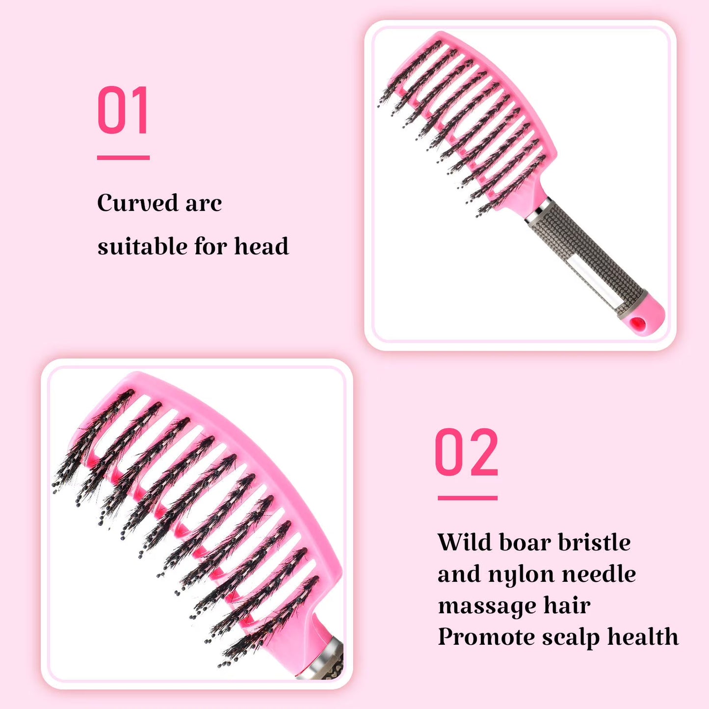 3 Pieces Curved Vented Boar Bristle Hair Brushes,curly hair brushwet brush detangling brush , Long and Curly Hair, 3 Colors: White, Pink, Black