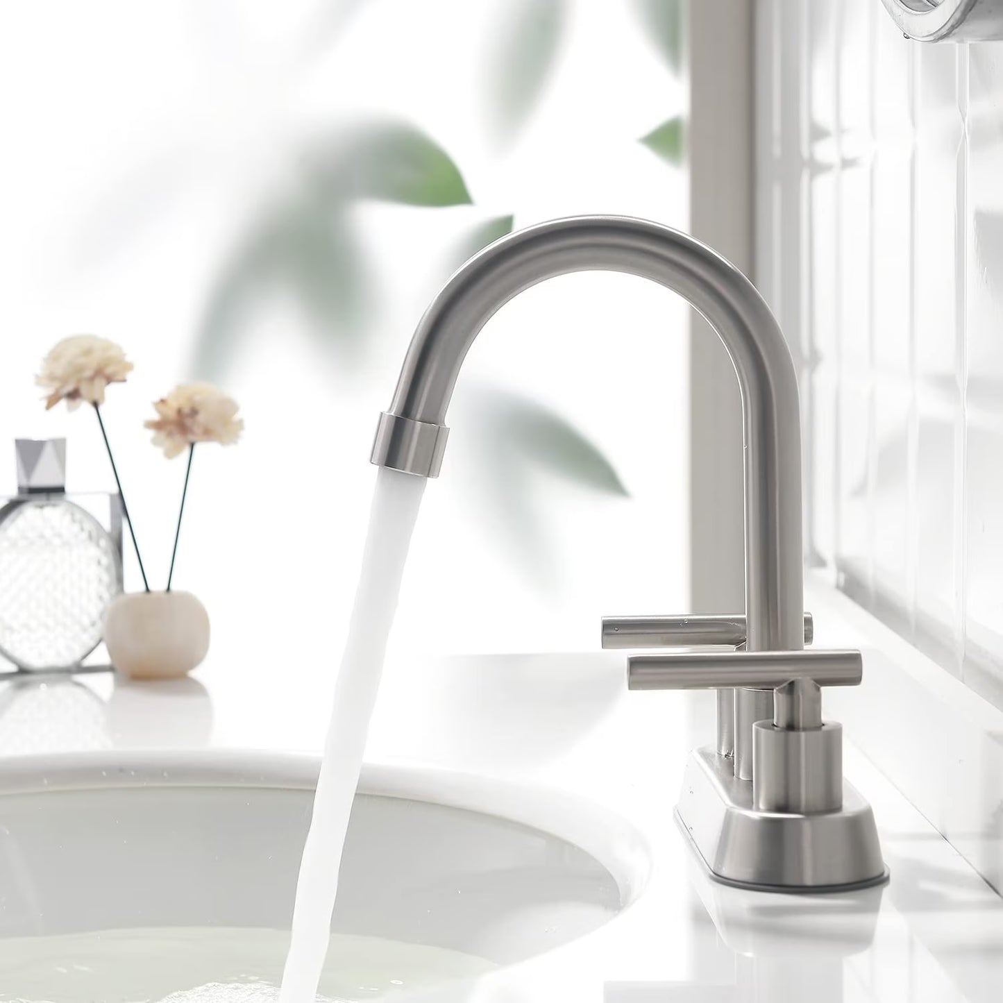 Mikhai Bathroom Faucets 3 Hole, 4 inch Bathroom Faucet 3 Hole Matte White with Pop-up Drain and 2 Supply Hoses, Stainless Steel Lead-Free 2-Handle Center set Faucet for Sink Vanity
