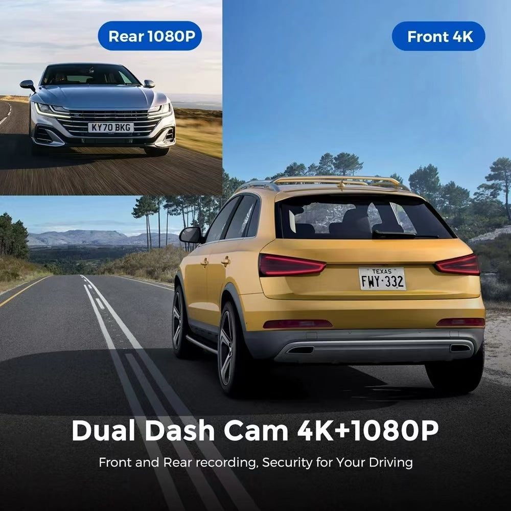 Dash Cam Front and Rear, 4K Dash Cam with WiFi & GPS, 4K/2.5K Front+1080P Rear Car Camera with View Night Vision, LCD Screen Display, Loop Recording,Black