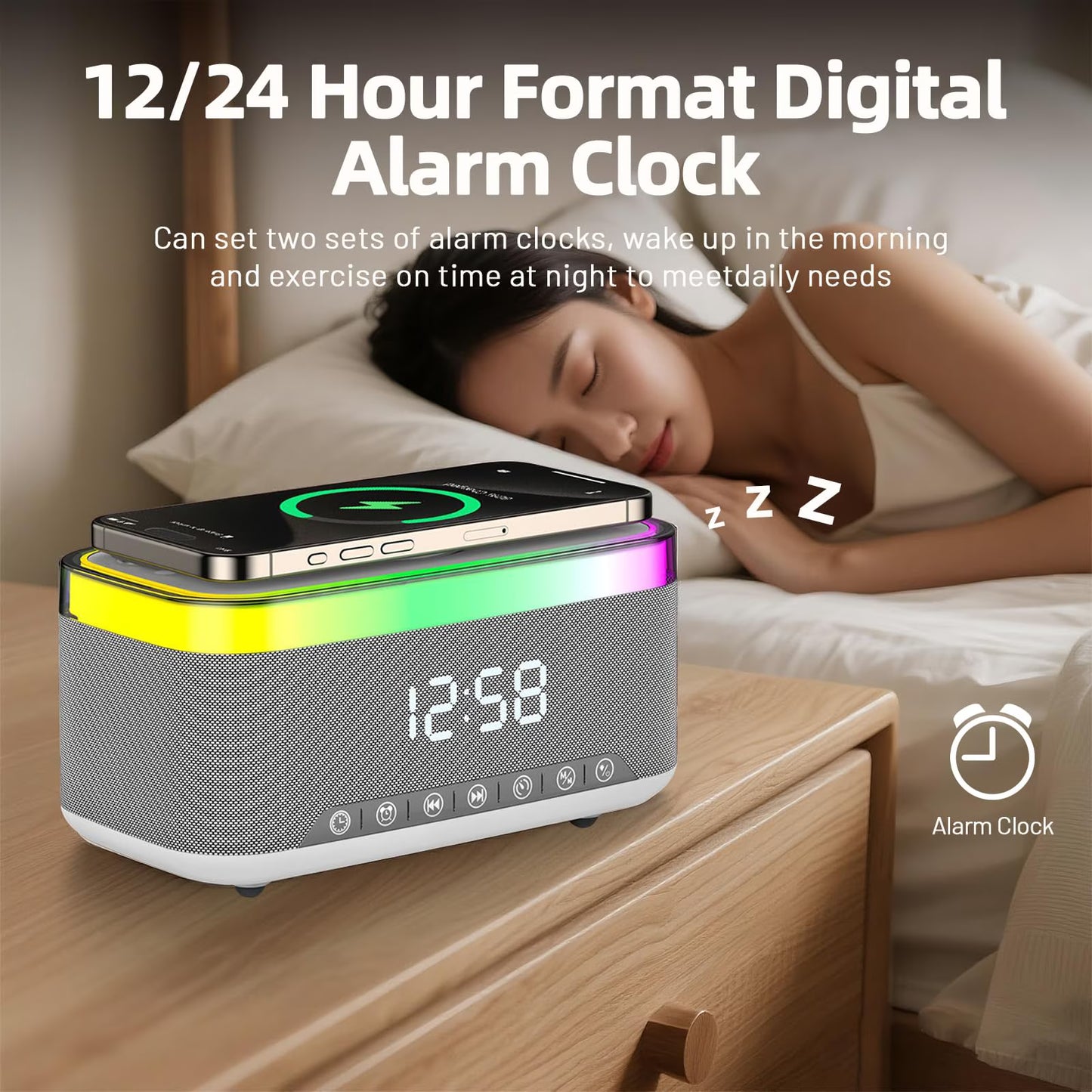 The DreamSky wooden digital alarm clock features wireless charging and is suitable for bedrooms and bedside tables. It comes with a charging dock, USB port, and large digital display.